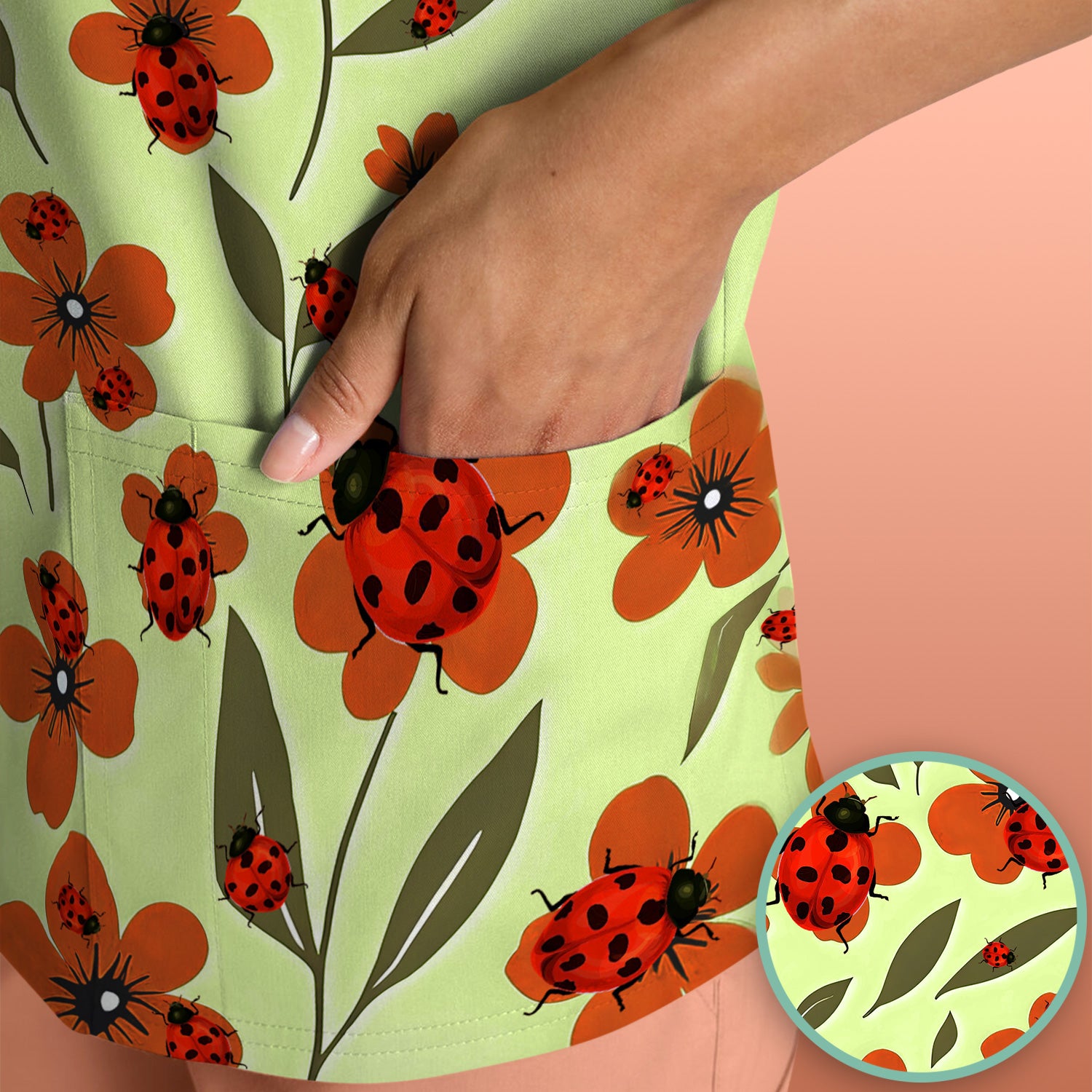 Ladybug on Orange Floral Garden Pattern Scrub Top, Comfortable Scrubs for Nurses