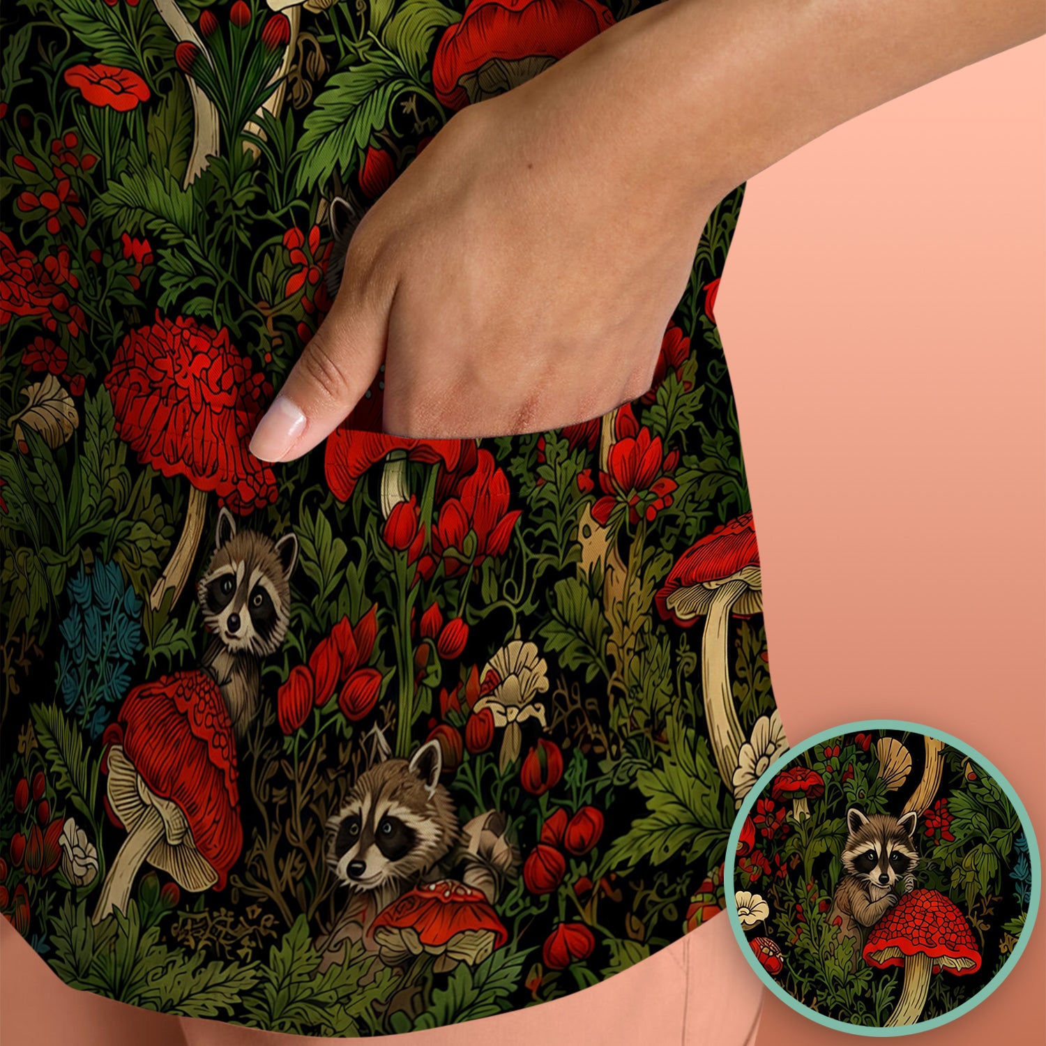 Woodland Raccoon Red Mushroom Pattern Scrub Top, Comfortable Scrubs for Nurses