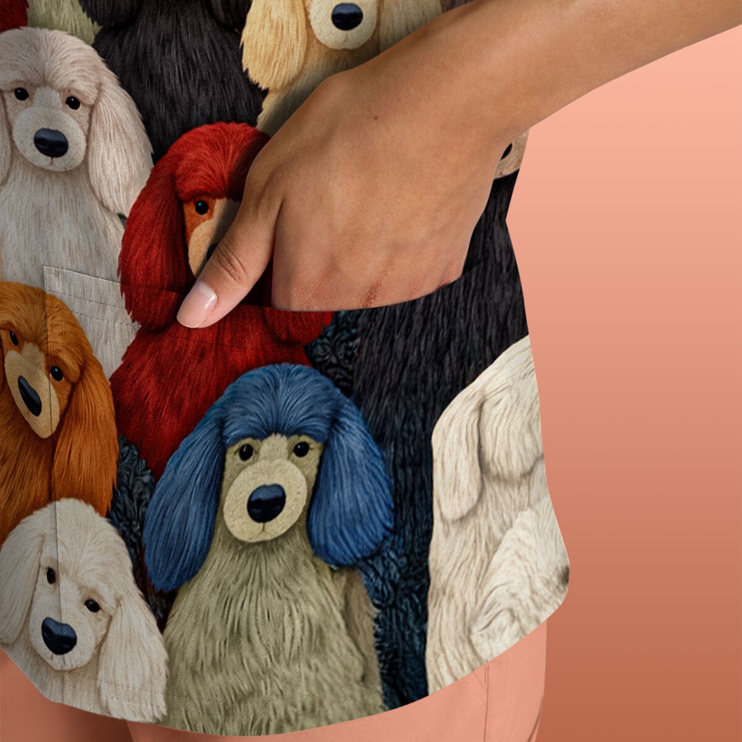 Multicolor Poodle Dog Pattern Scrub Top, Breathable Fabrics Nursing Uniform