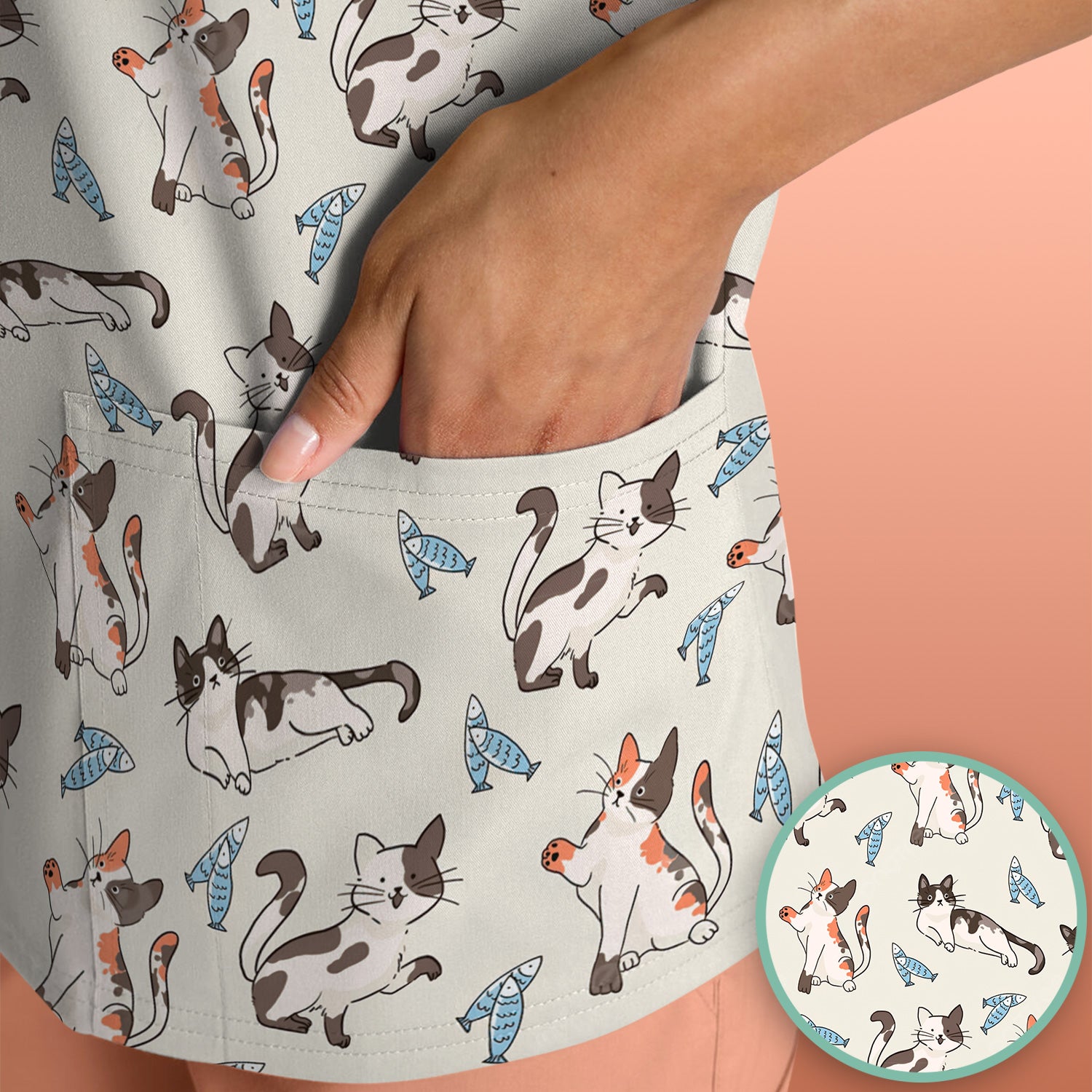 Cute Playful Cats With Fish Pattern Nurse Scrub Top, Comfortable Scrubs for Nurses