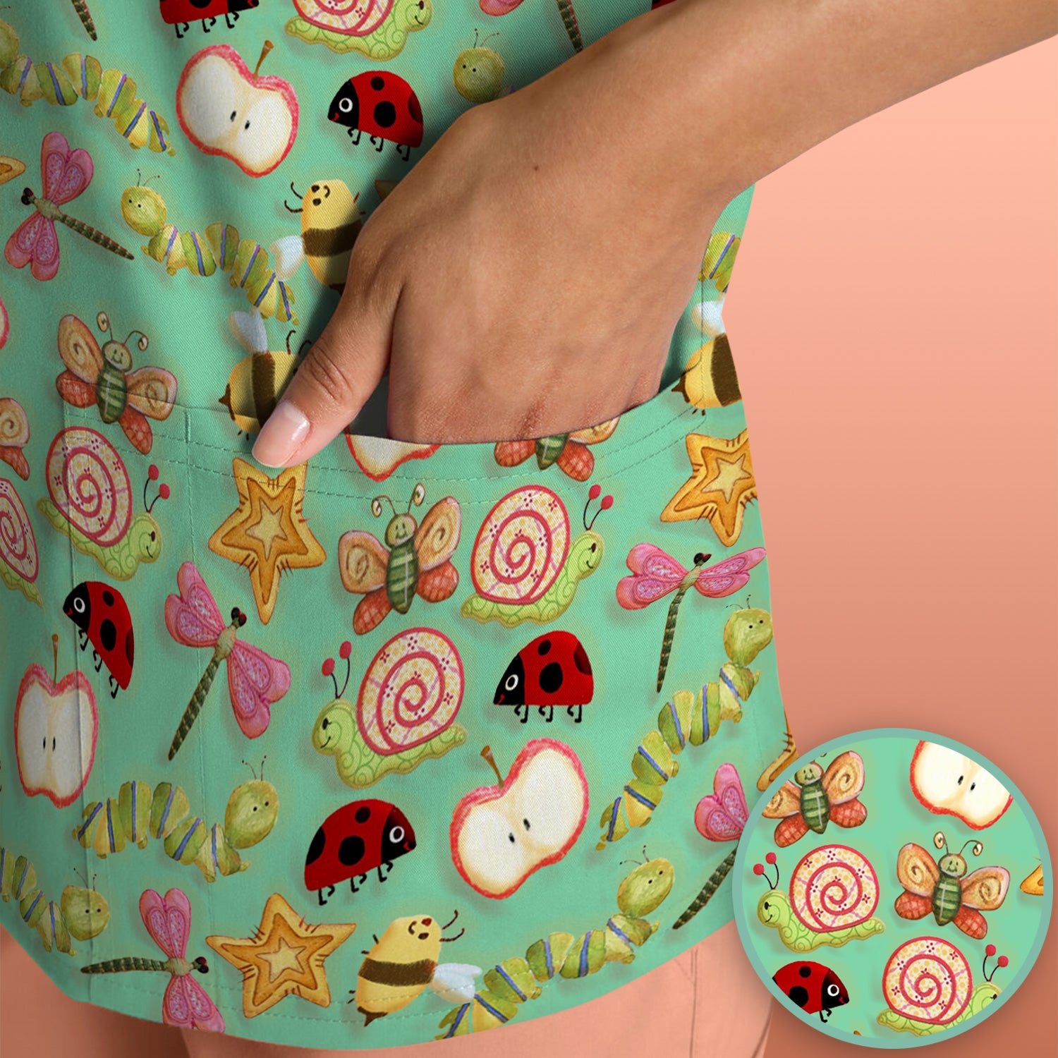 Cute Nurse Snail Ladybug Caterpillar Apple Garden Pattern Scrub Top, Breathable Fabrics Nursing Uniform