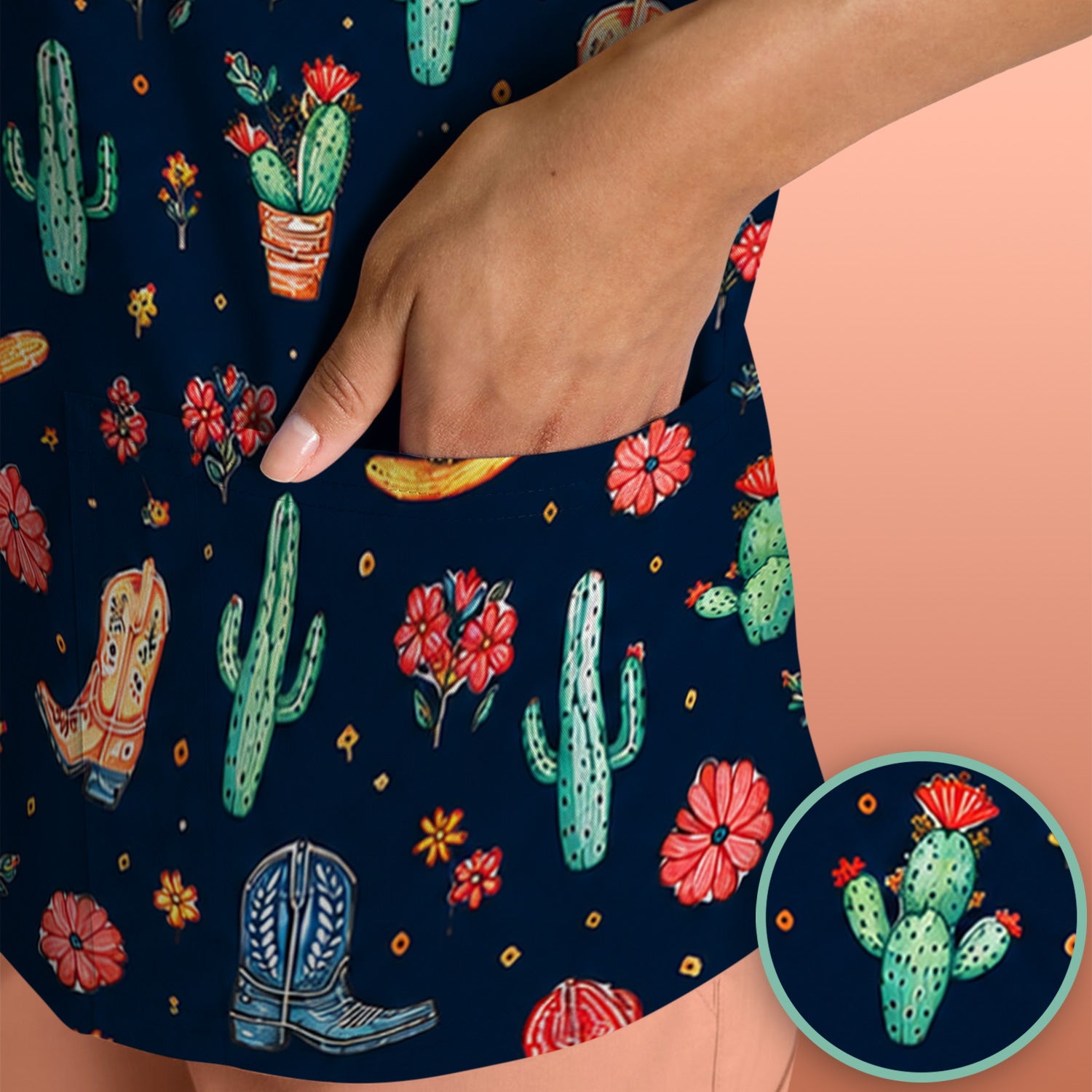 Whimsical Western Cactus Boots Pattern Scrub Top, Breathable Fabrics Nursing Uniform