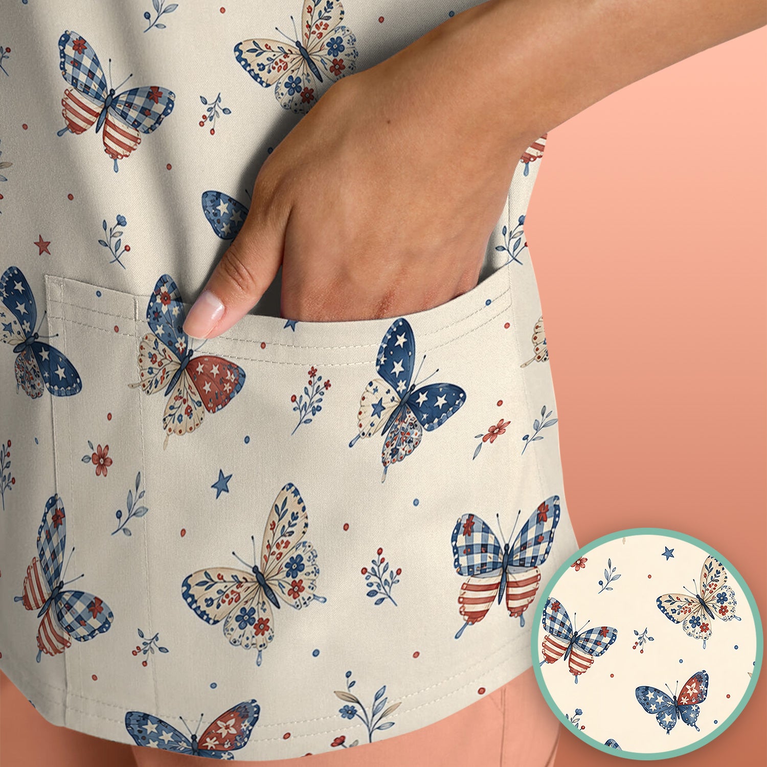 Fourth Of July Butterfly Print Scrub Top, Comfortable Scrubs for Nurses