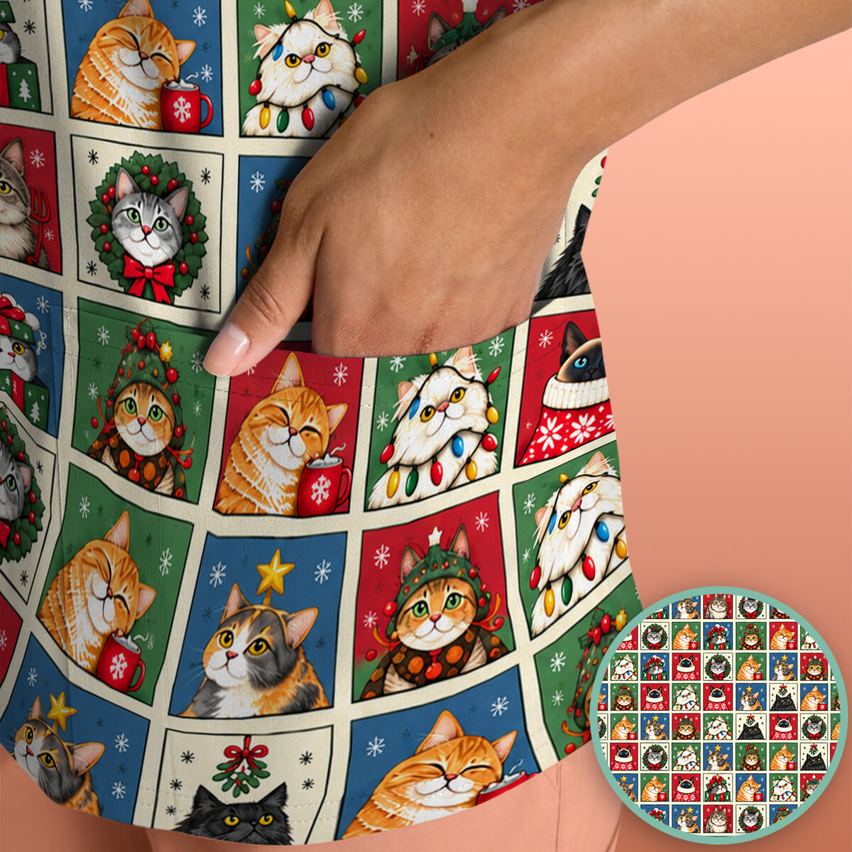 Cute Christmas Cat Patchwork Scrub Top, Comfortable Scrubs for Nurses