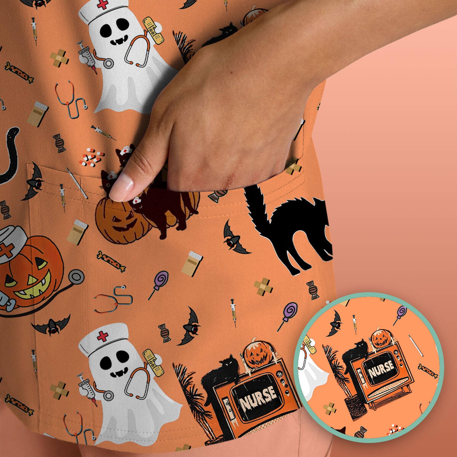 Halloween Scrub Top for Nurse - Cute Pumpkin Ghost Cat Medical Shirt - Spooky Scrubs for Women RN CNA LPN