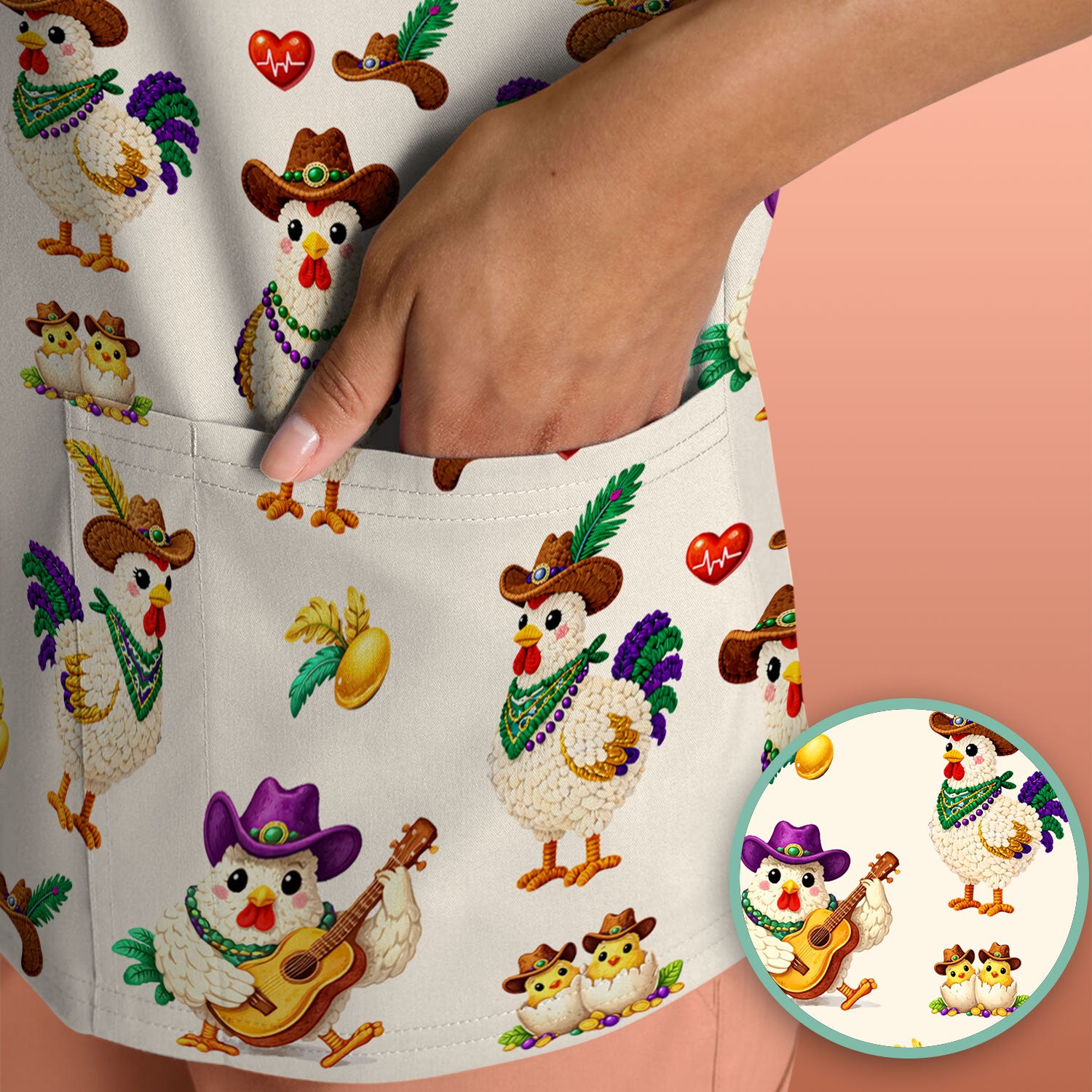 Funny Mardi Gras Rooster Cowboy Print Scrub Top, Comfortable Scrubs for Nurses