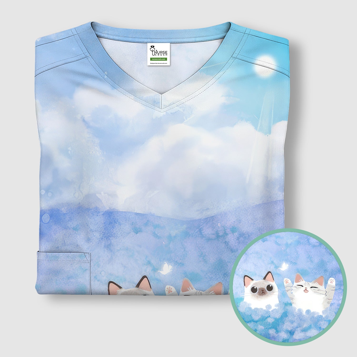 Dreamy Cat Cloud Hydrangea Sky Pattern Scrub Top, Comfortable Scrubs for Nurses