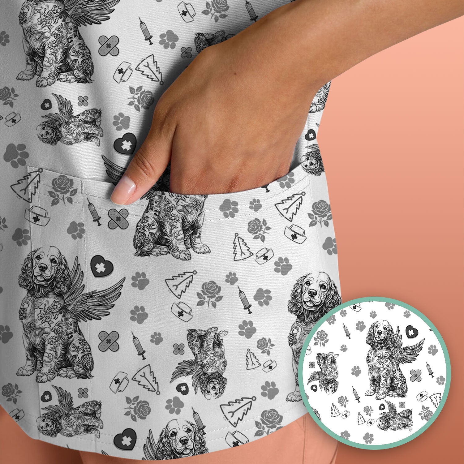 Toile De Jouy Scrubs for Nurses - Angel Puppy Medical Uniform - Floral Dog in Heaven Gift for Women, Vet Techs, RN CNA LPN