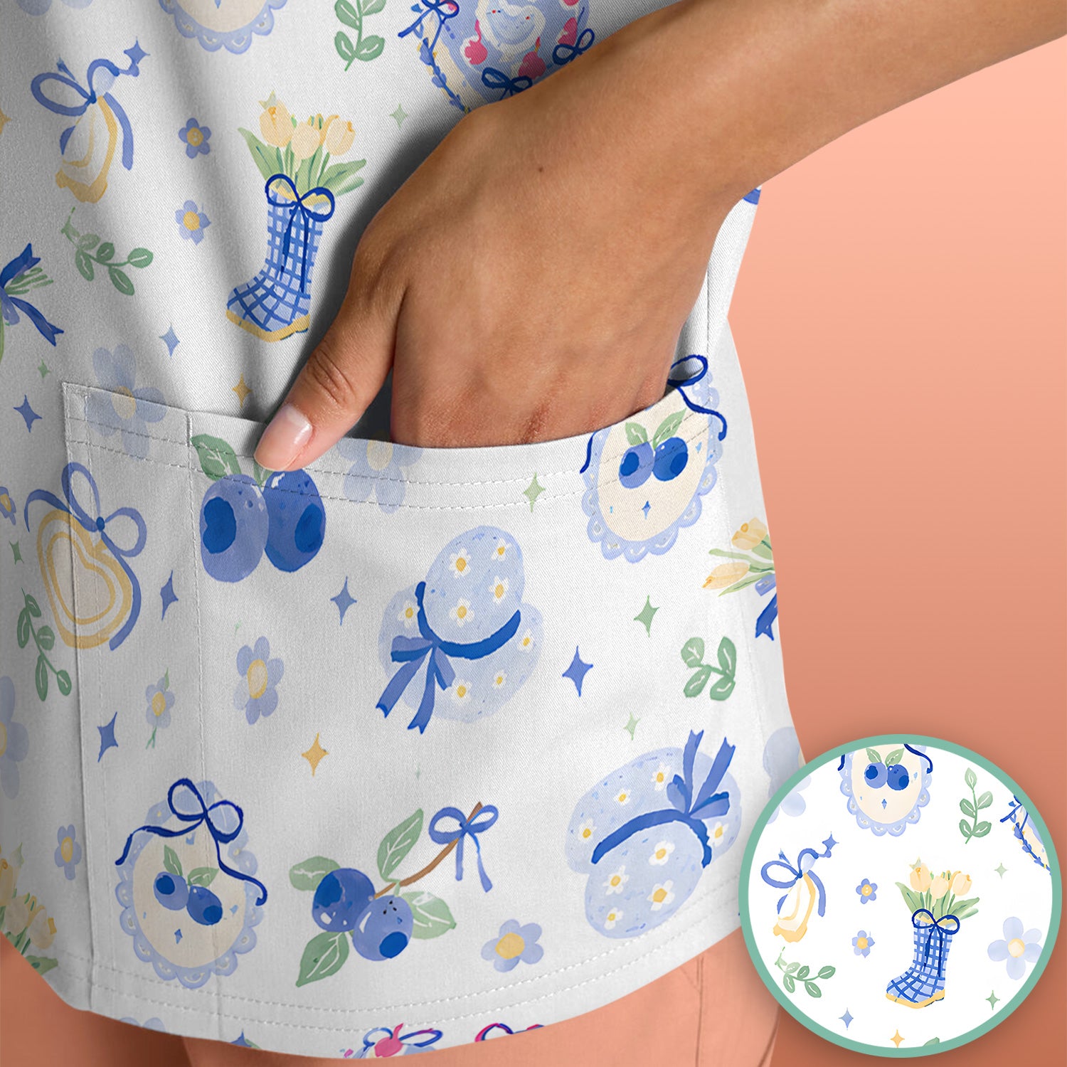 Cute Blueberry Bow Print Scrub Top, Comfortable Scrubs for Nurses
