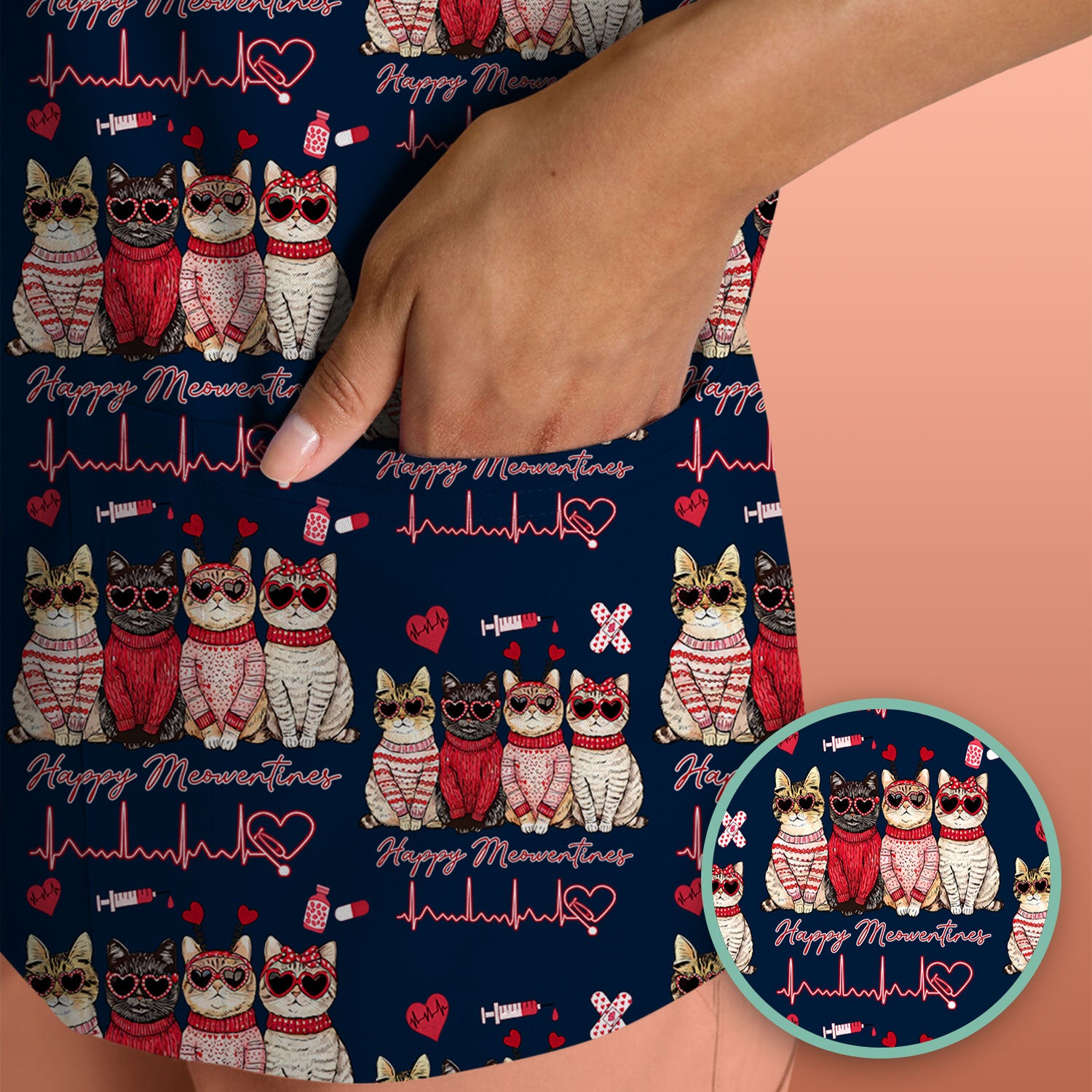 Happy Meowtines Cat Pattern Scrub Top, Valentine Cat Lover Nurse Scrub Shirt, Heartbeat Medical Pattern Nursing Uniform