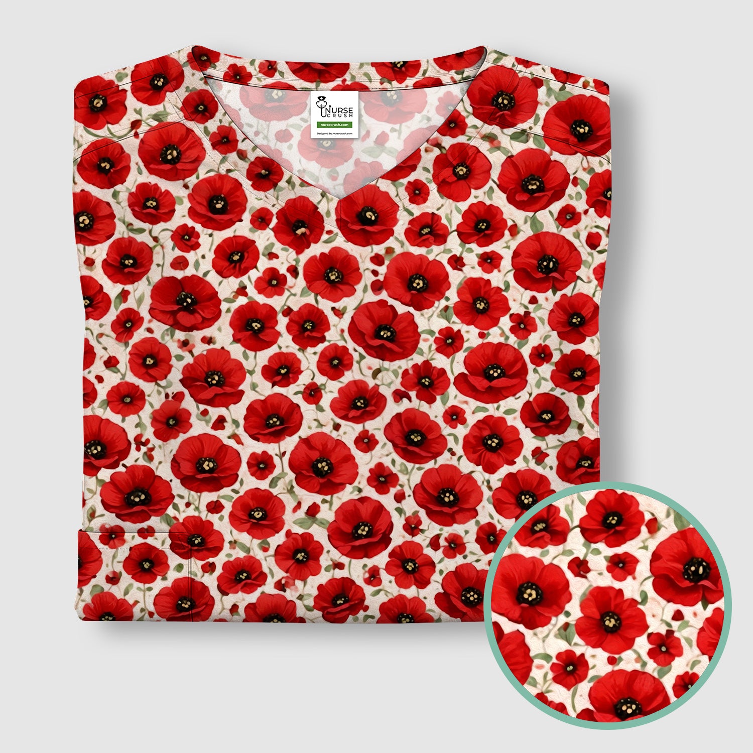 Pretty Red Poppy Flower Garden Pattern Scrub Top, Comfortable Scrubs for Nurses