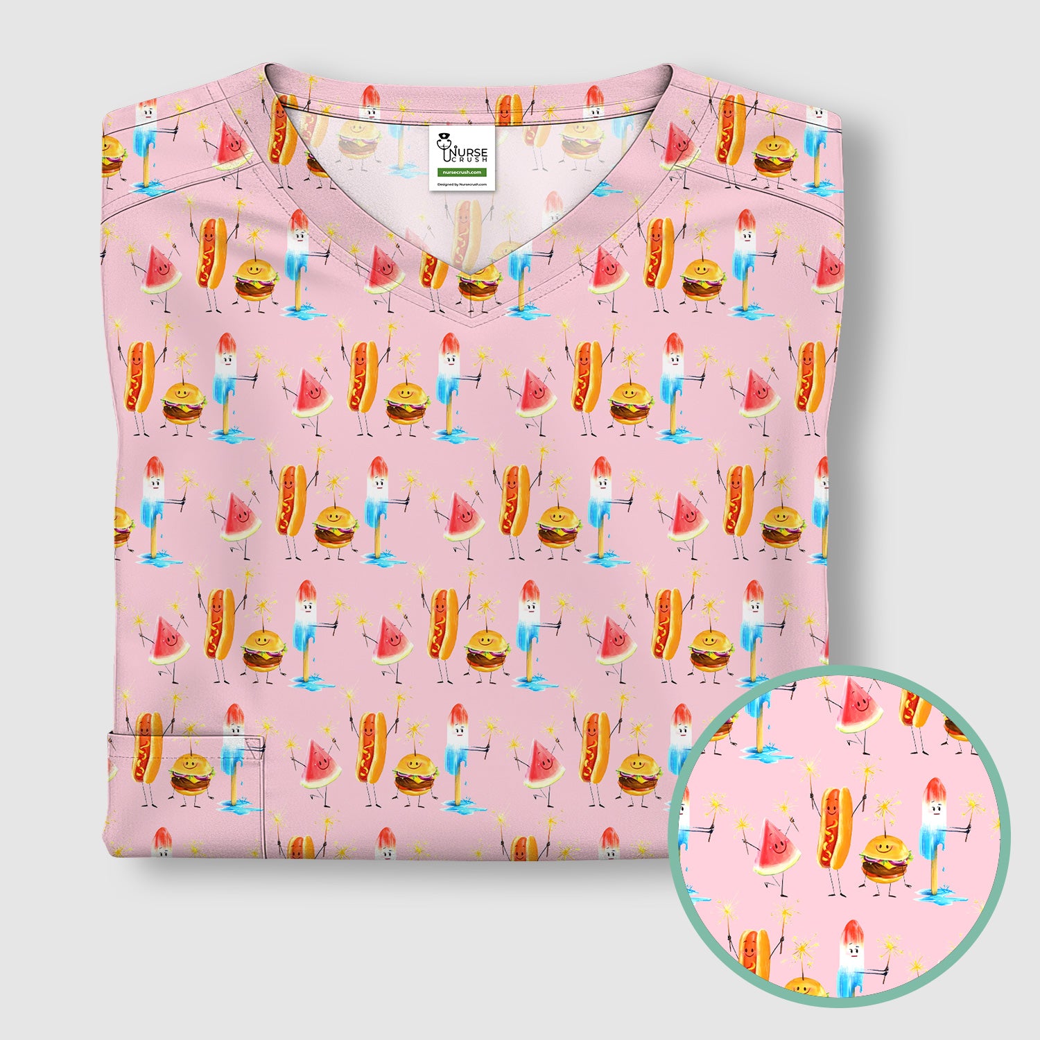 Funny Summer Food Icons Pattern Scrub Top, Comfortable Scrubs for Nurses