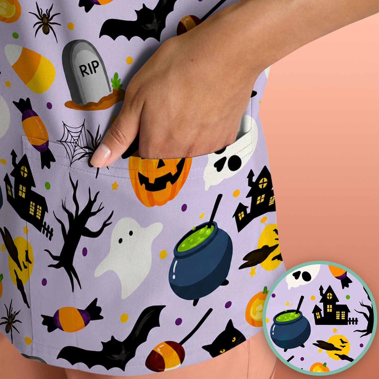 Ghost Pumpkin Witch Pattern Scrub Top, Comfortable Scrubs for Nurses