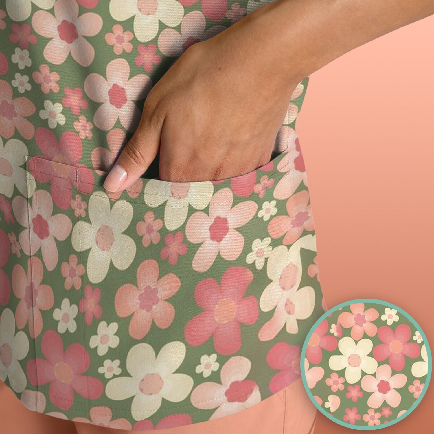 Retro Floral Print Scrub Top, Comfortable Scrubs for Nurses