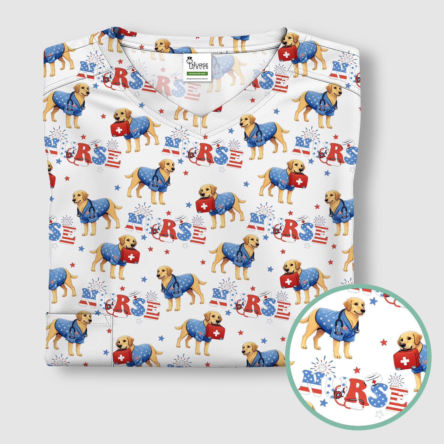 Patriotic Nurse Dog Medical Pattern Scrub Top, Breathable Fabrics Nursing Uniform
