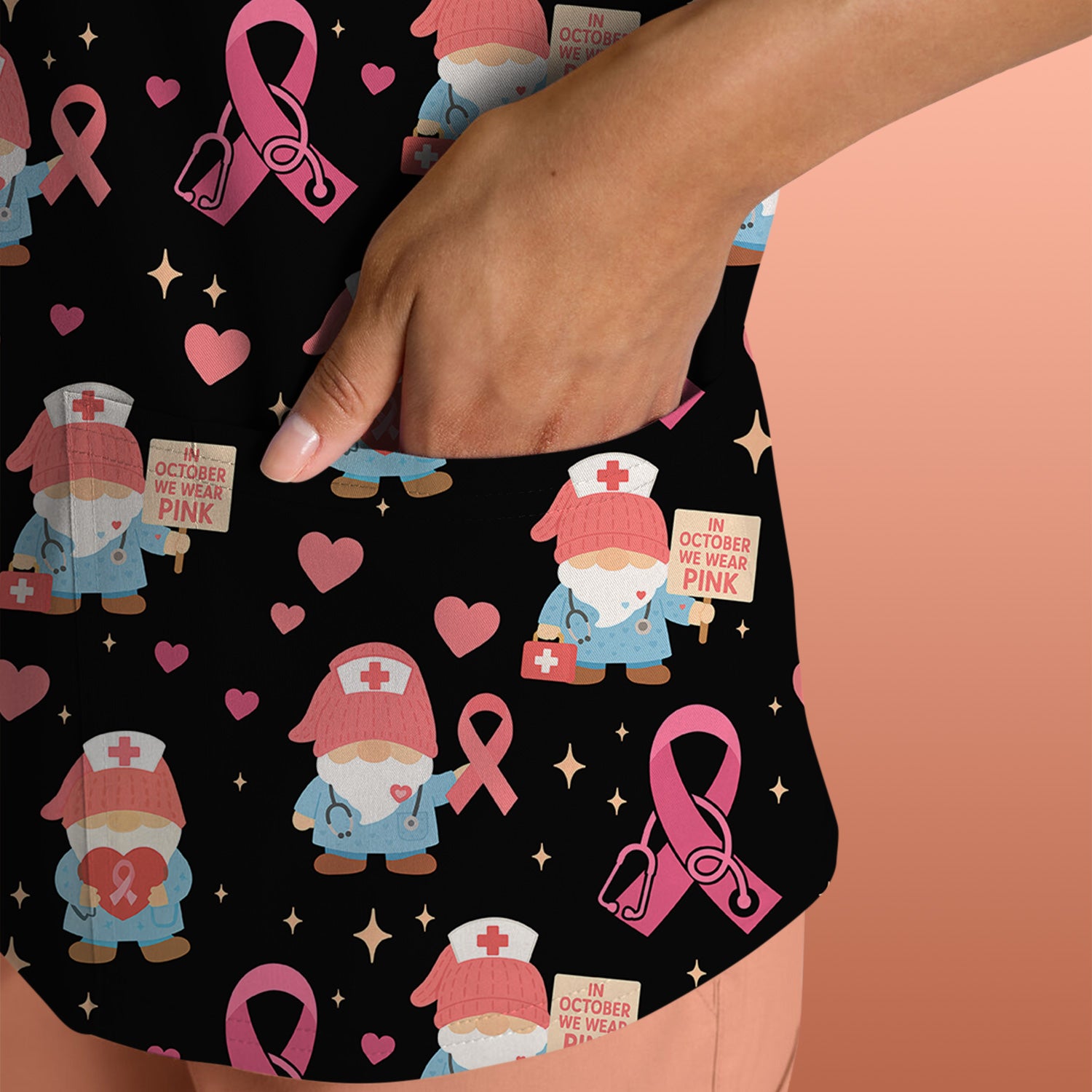 Breast Cancer Awareness Nurse Scrub - Pink Ribbon Nursing Top with Gnome - Gift for Healthcare Workers RN LPN