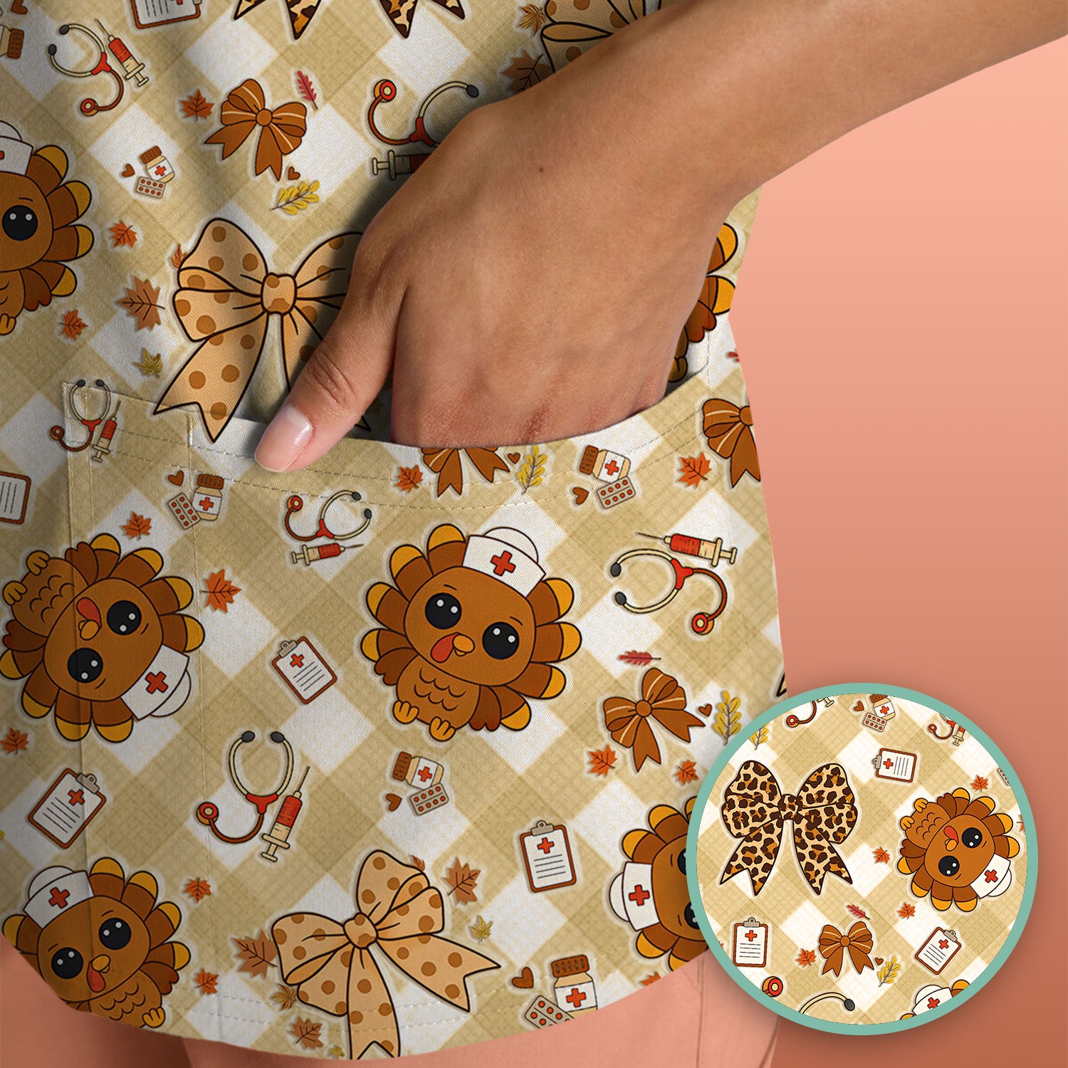 Thanksgiving Turkey Scrub Top for Nurses - Cute Fall Leaves and Bow Shirt - Funny Autumn Nursing Gift for Women RN LPN CNA