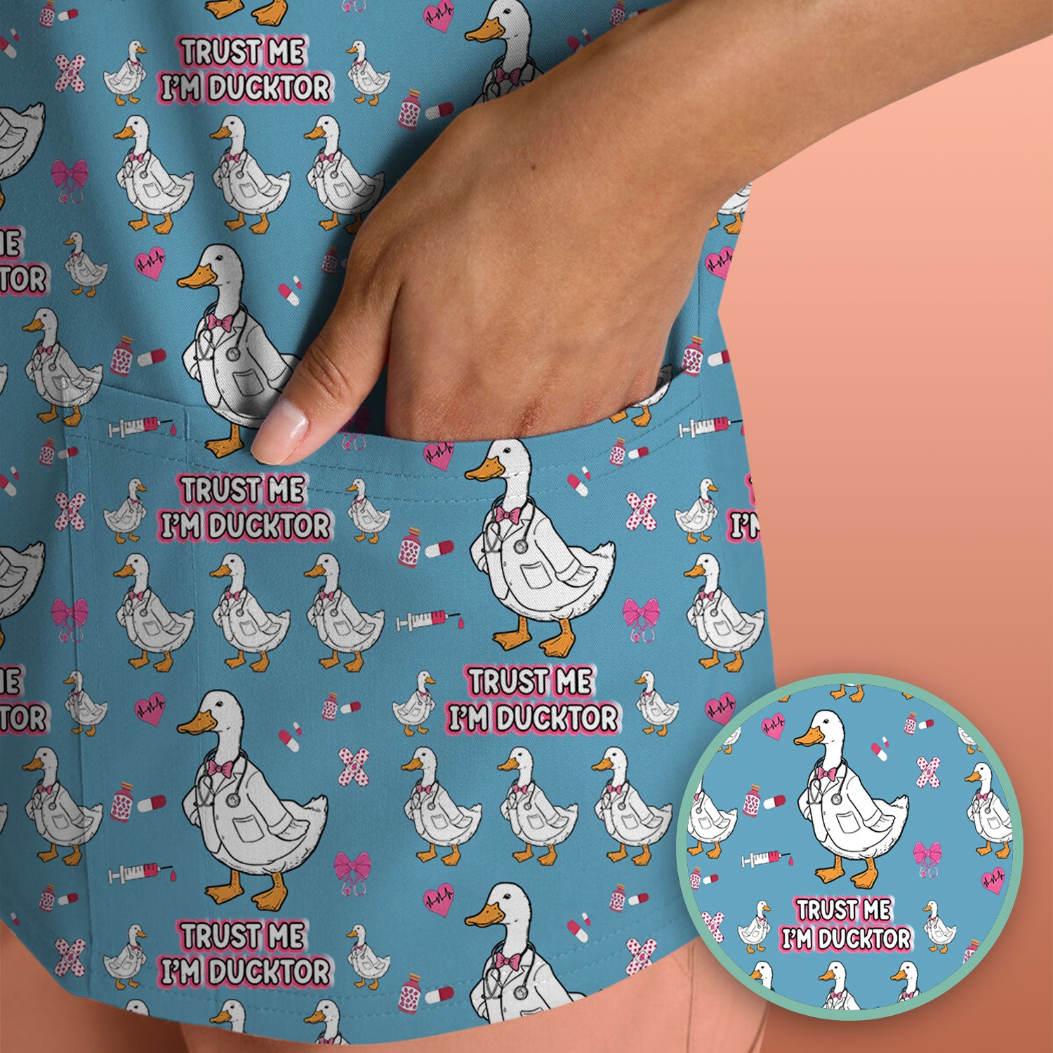 Trust Me I'm Ducktor Scrub Top, Funny Duck Pattern Scrub Shirt, Breathable Fabrics Nursing Uniform For Women