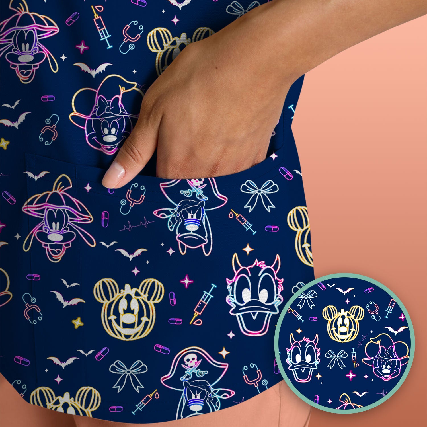 Neon Mouse Halloween Scrub Top for Nurses - Spooky Faces and Scary Pumpkin Shirt - Funny Med Uniform Gift for Women