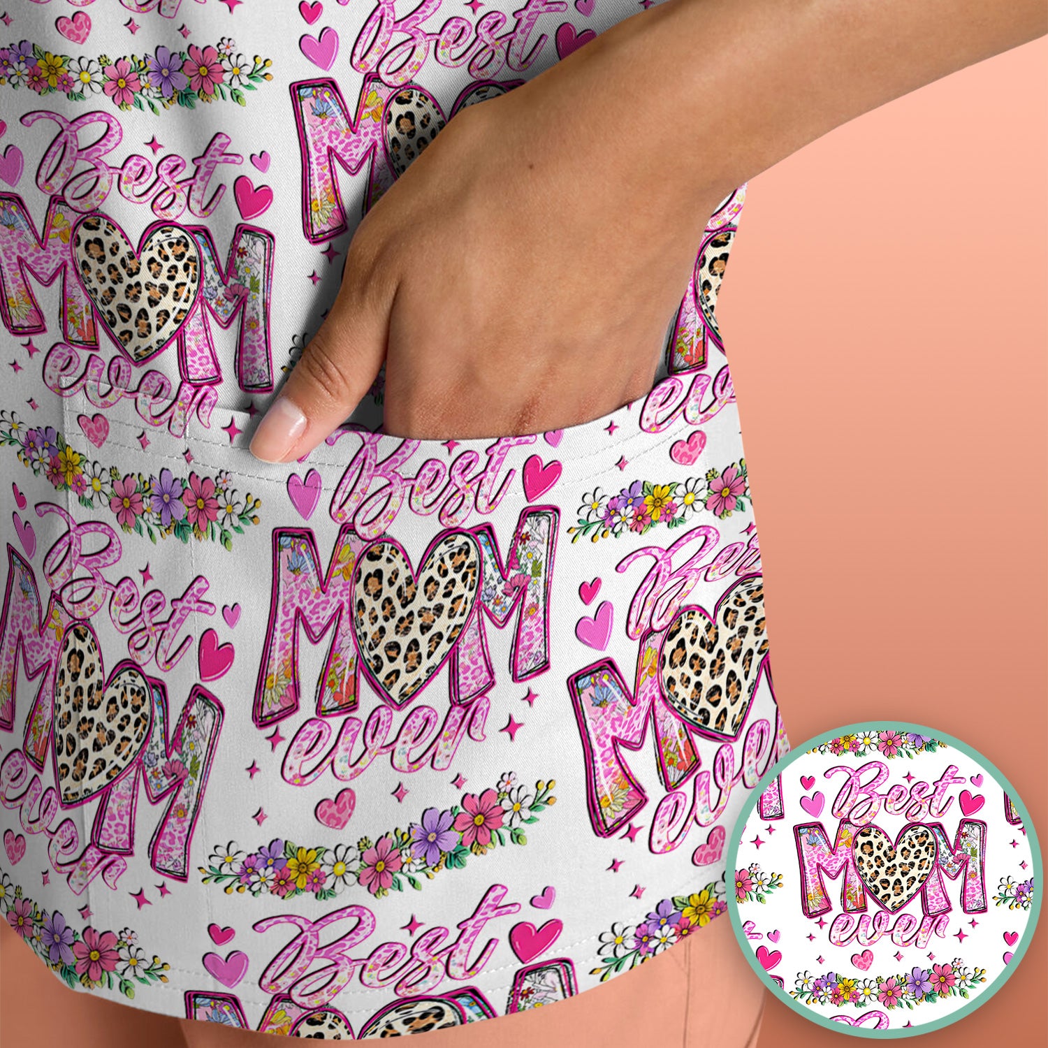 Best Mom Ever Leopard Heart Floral Pattern Scrub Top, Comfortable Scrubs for Nurses