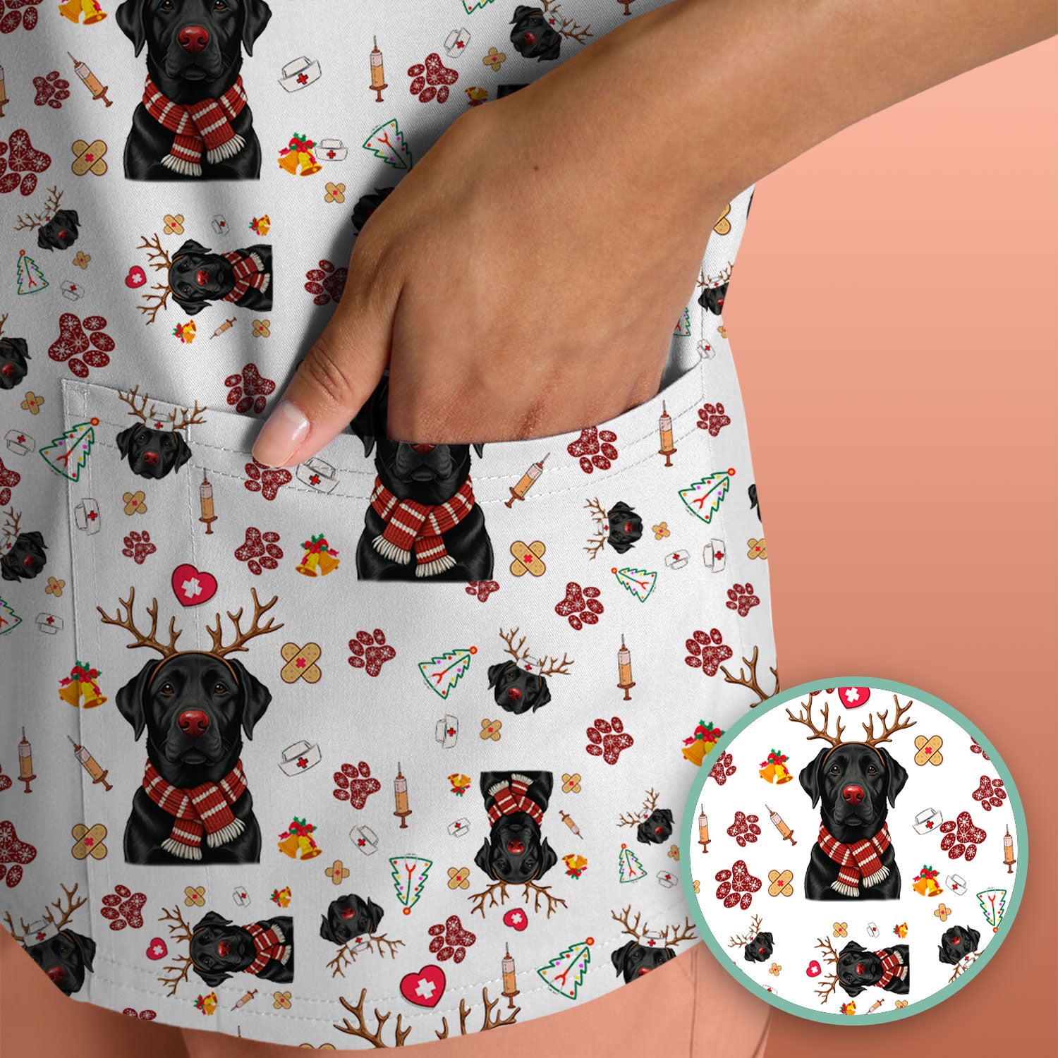 Funny Black Lab Reindeer Scrub Top - Christmas Dog Nurse Shirt - Cute Holiday Medical Uniform Gift for RN LPN CNA