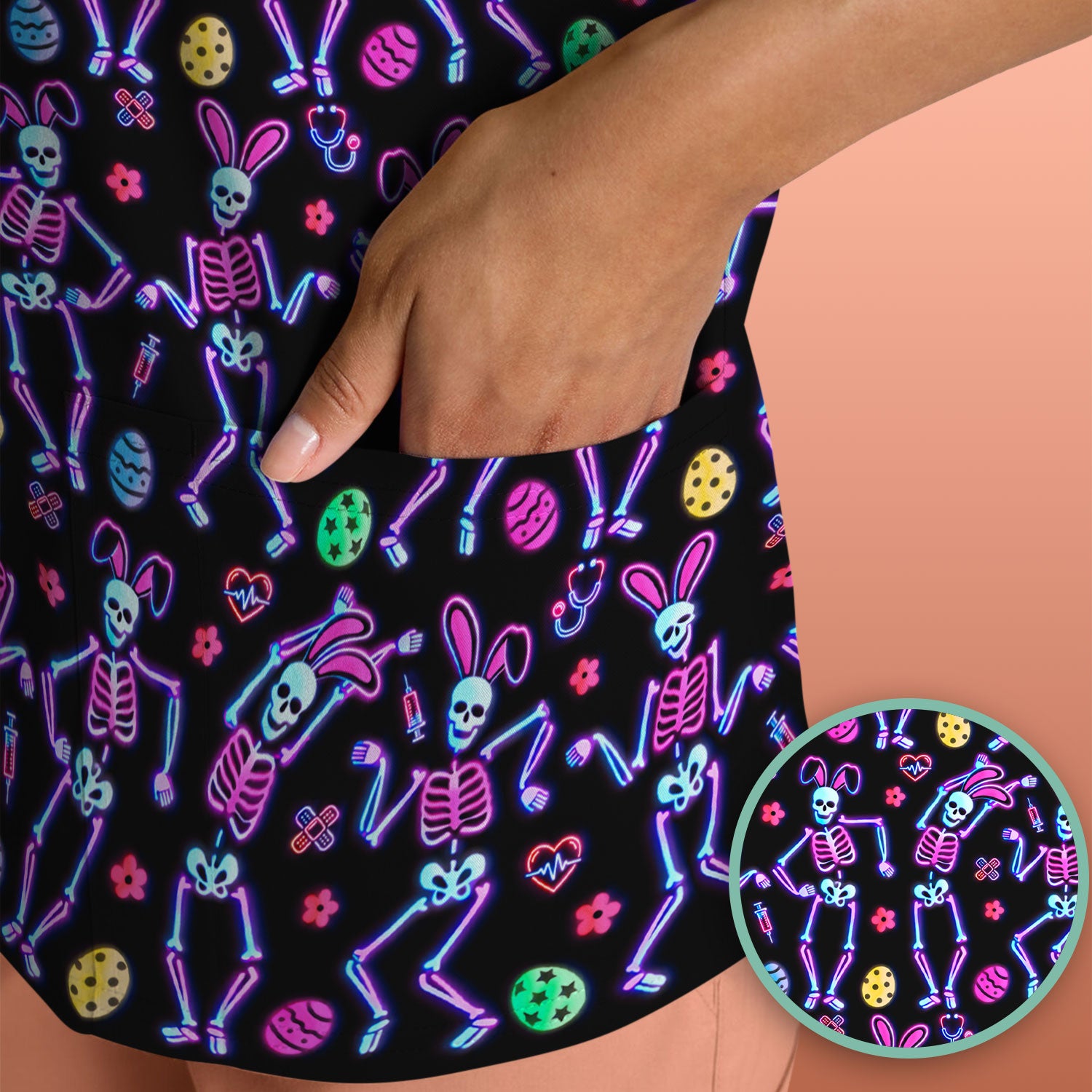 Neon Easter Skeleton Pattern Scrub Top, Comfortable Scrubs for Nurses