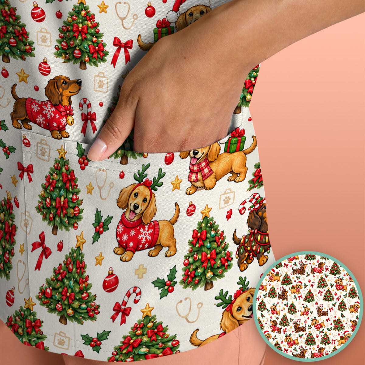Cute Christmas Dachshund And Tree Pattern Scrub Top, Comfortable Scrubs for Nurses