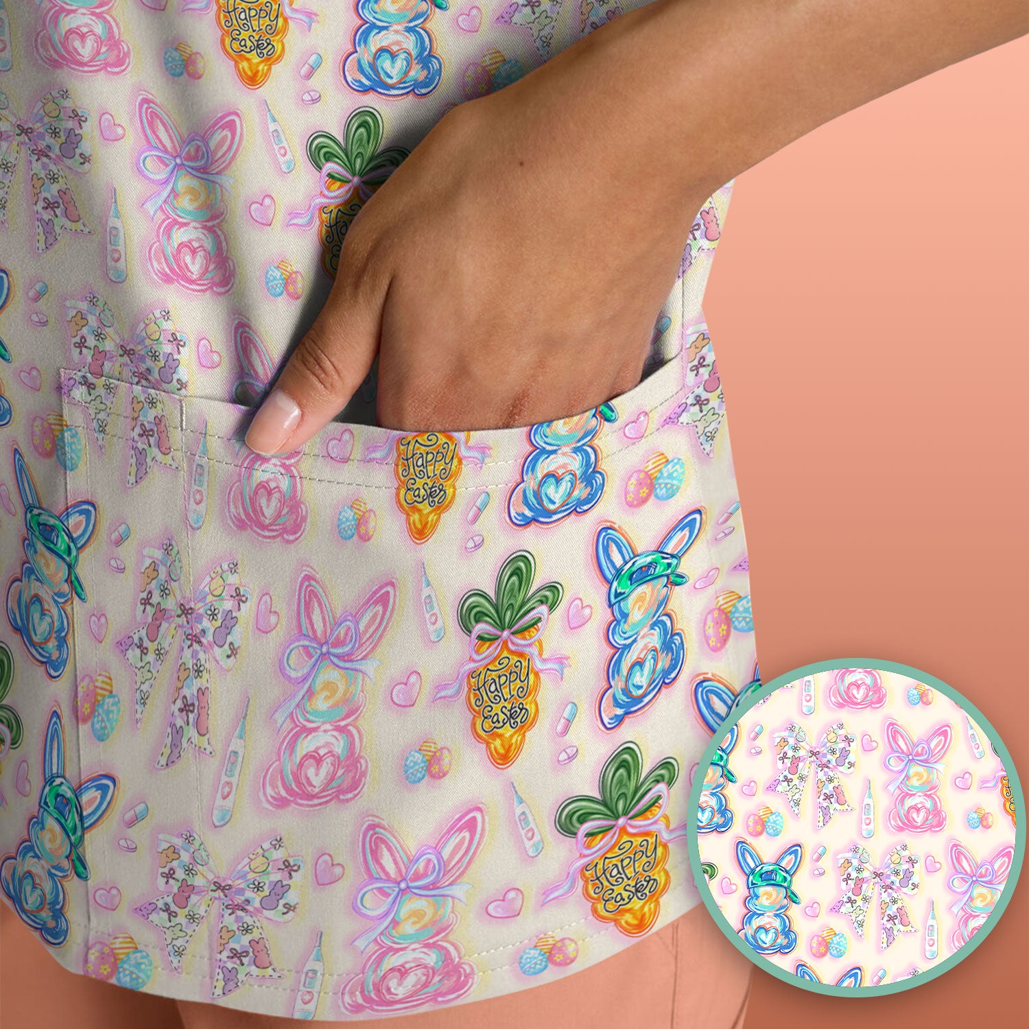 Easter Bunny Carrot Bow Floral Print Scrub Top, Comfortable Scrubs for Nurses