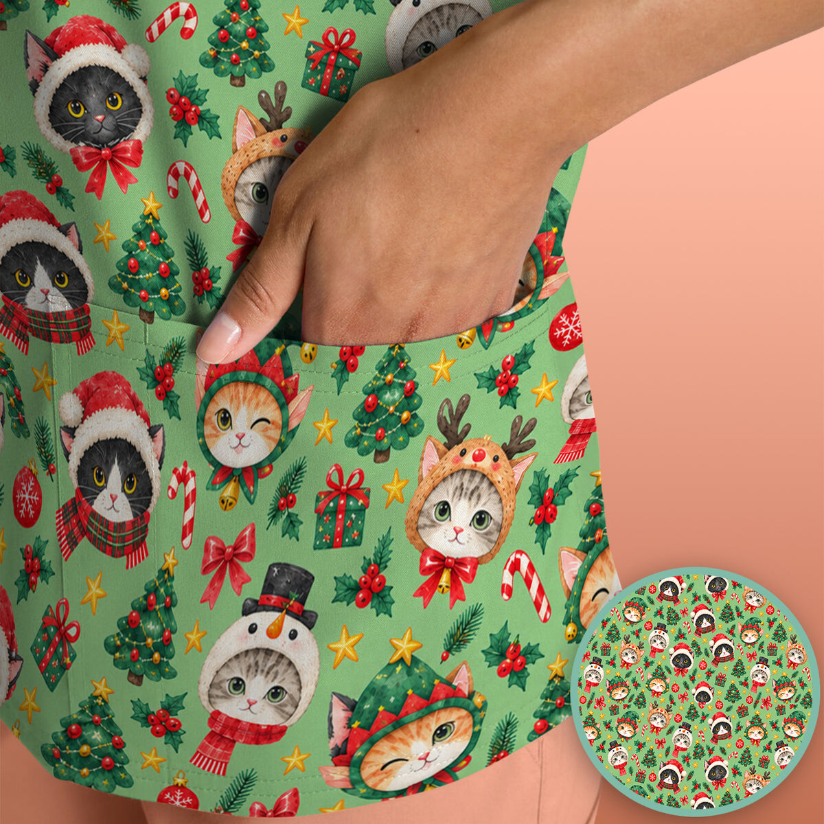 Christmas Cats And Trees Pattern Scrub Top, Comfortable Scrubs for Nurses