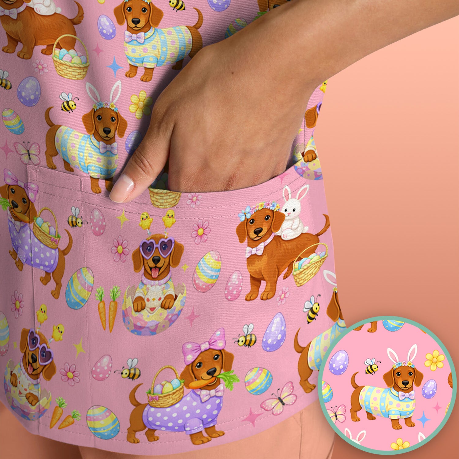 Cute Easter Dachshund Dog Pattern Scrub Top, Breathable Healthcare Uniform Top