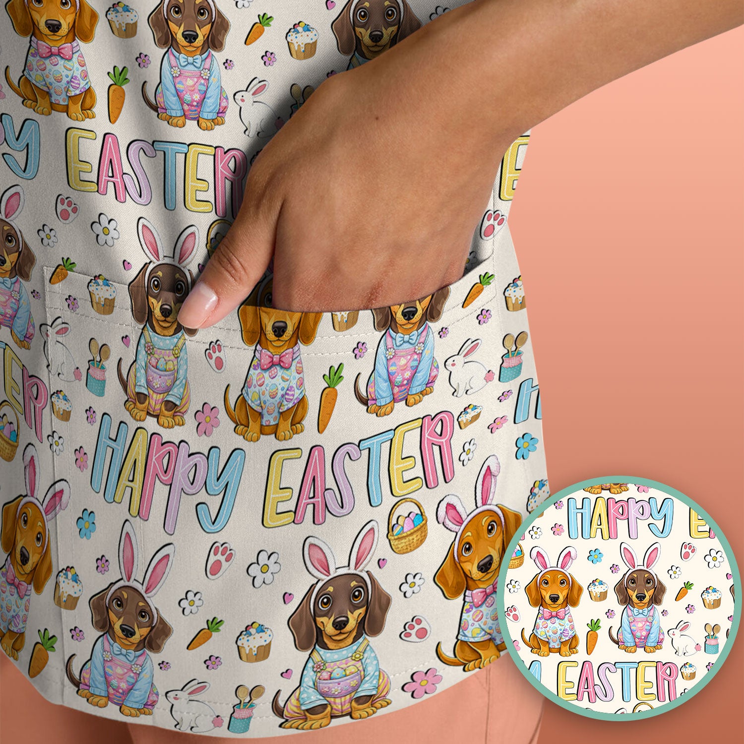 Happy Easter Dachshund Bunny Print Scrub Top, Comfortable Scrubs for Nurses