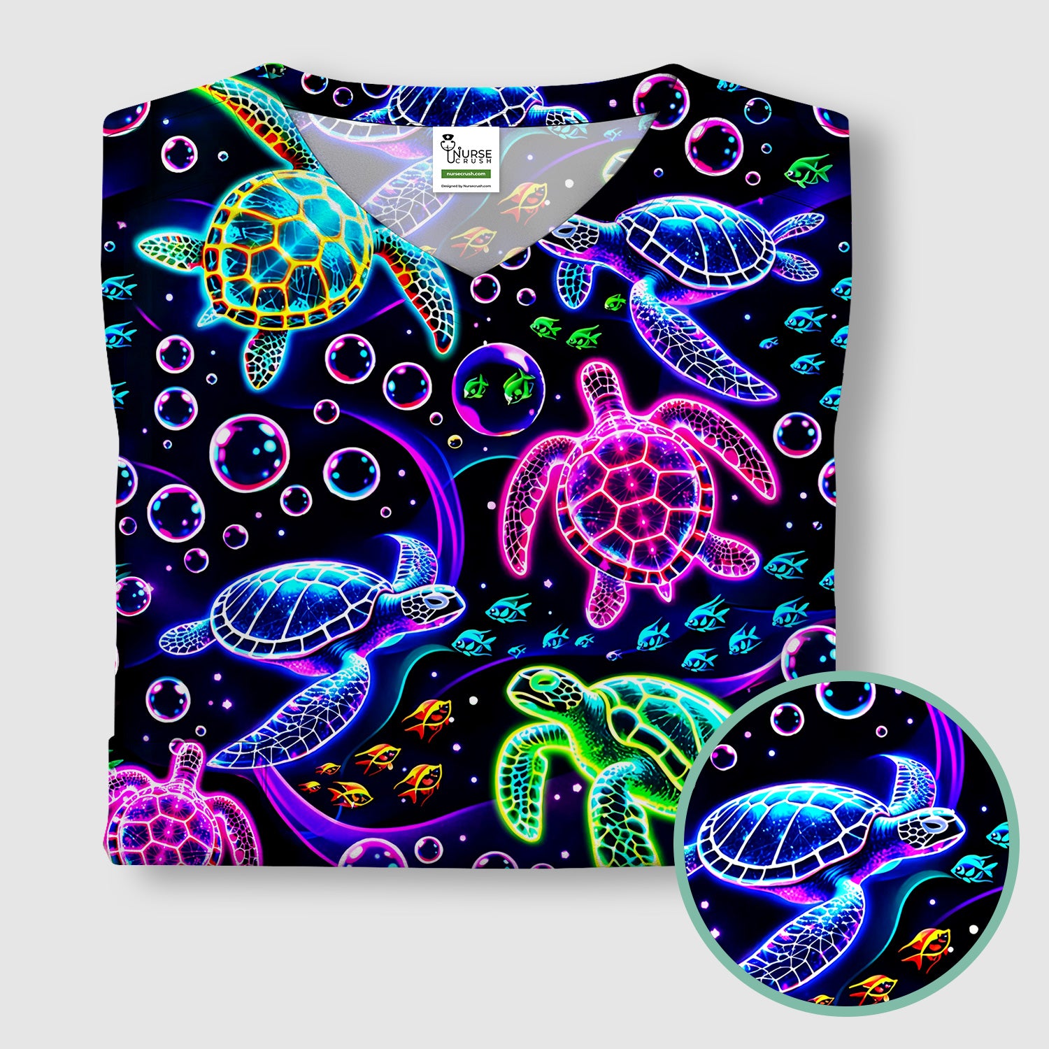 Neon Sea Turtle Swimming Bubble Ocean Scrub Top, Breathable Fabrics Nursing Uniform