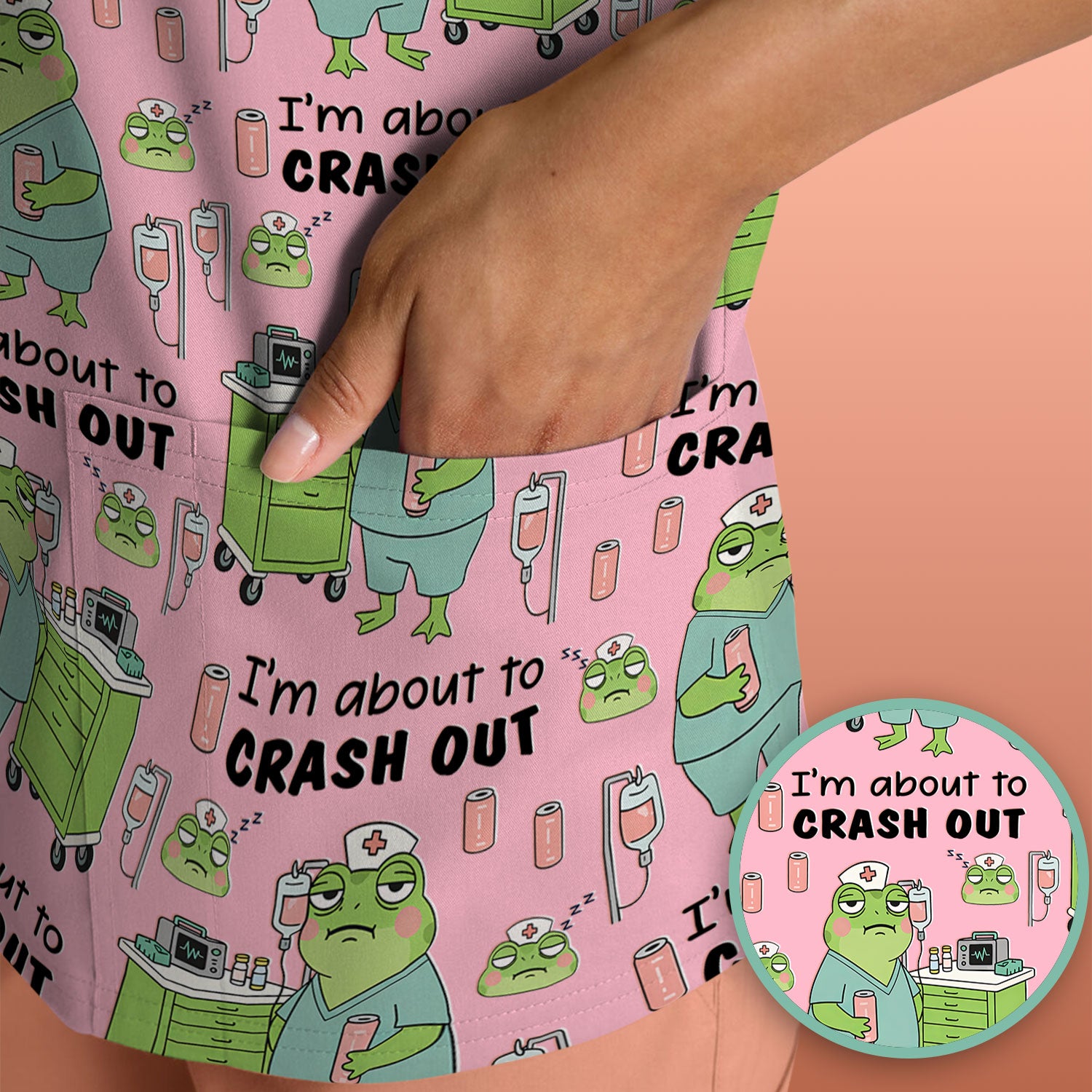 Funny Frog Pattern Nurse Scrub Top, I’m About to Crash Out Nurse Shirt, Breathable Fabrics Nursing Uniform