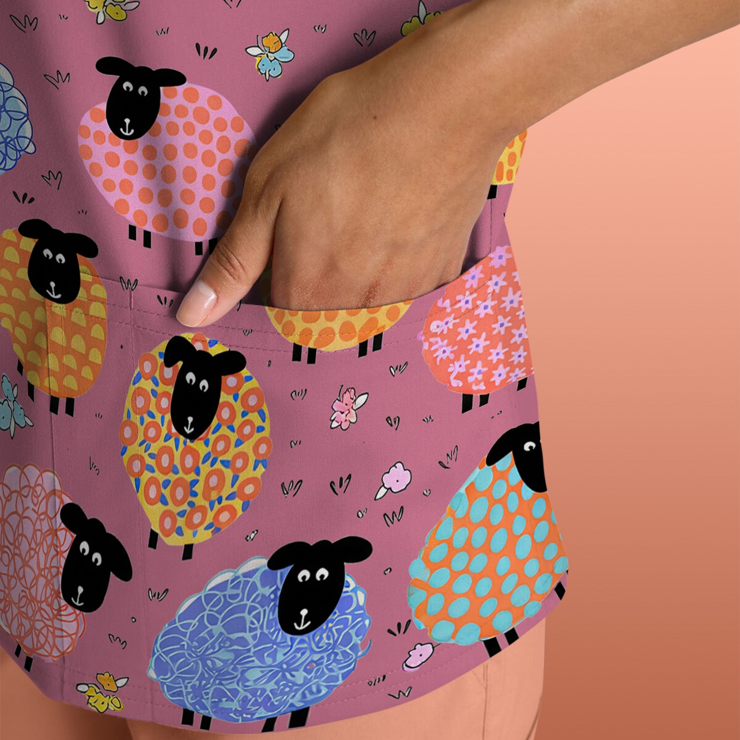 Funny Colorful Sheep Pattern Scrub Top, Comfortable Scrubs for Nurses