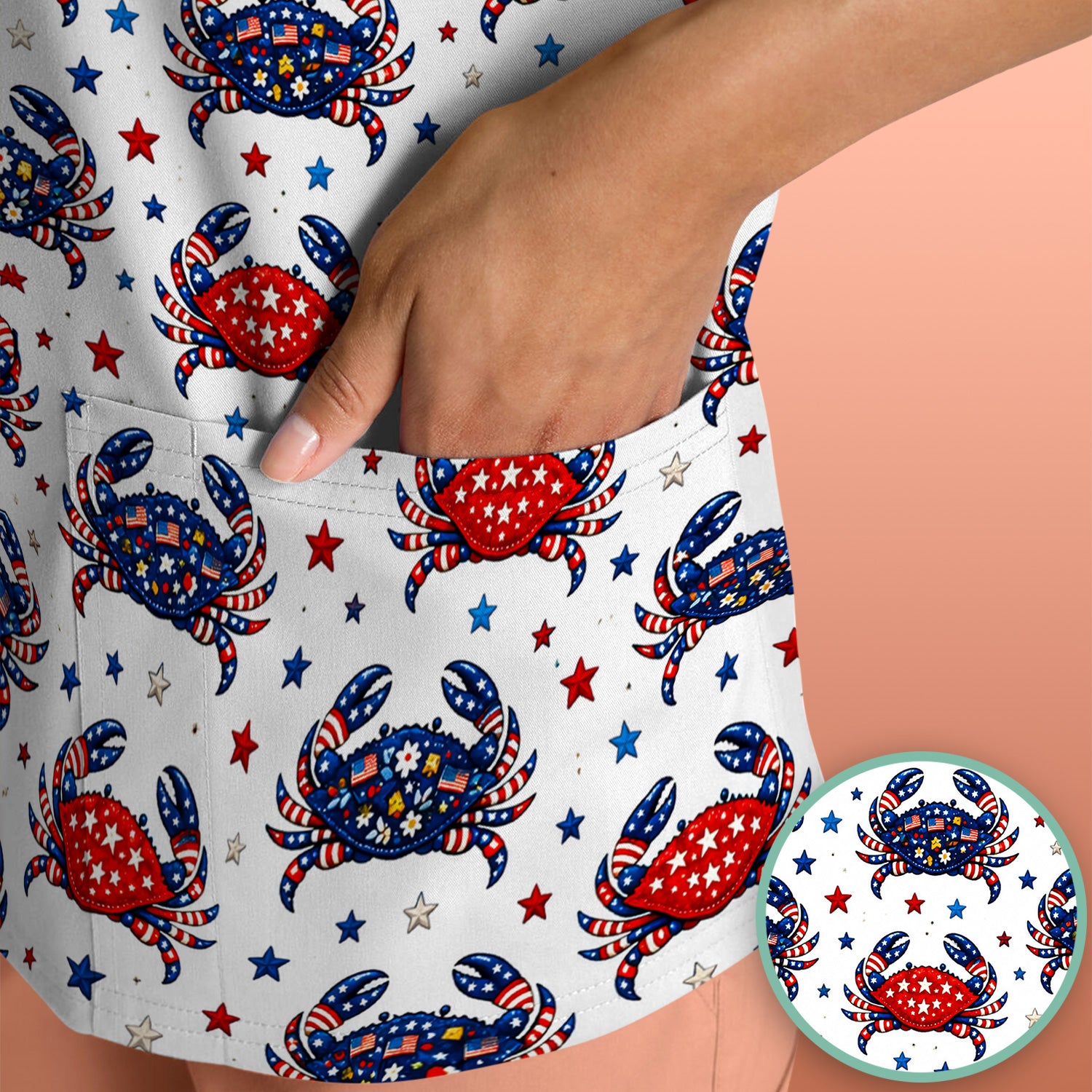 Patriotic Crab Stars Pattern Scrub Top, Comfortable Scrubs for Nurses