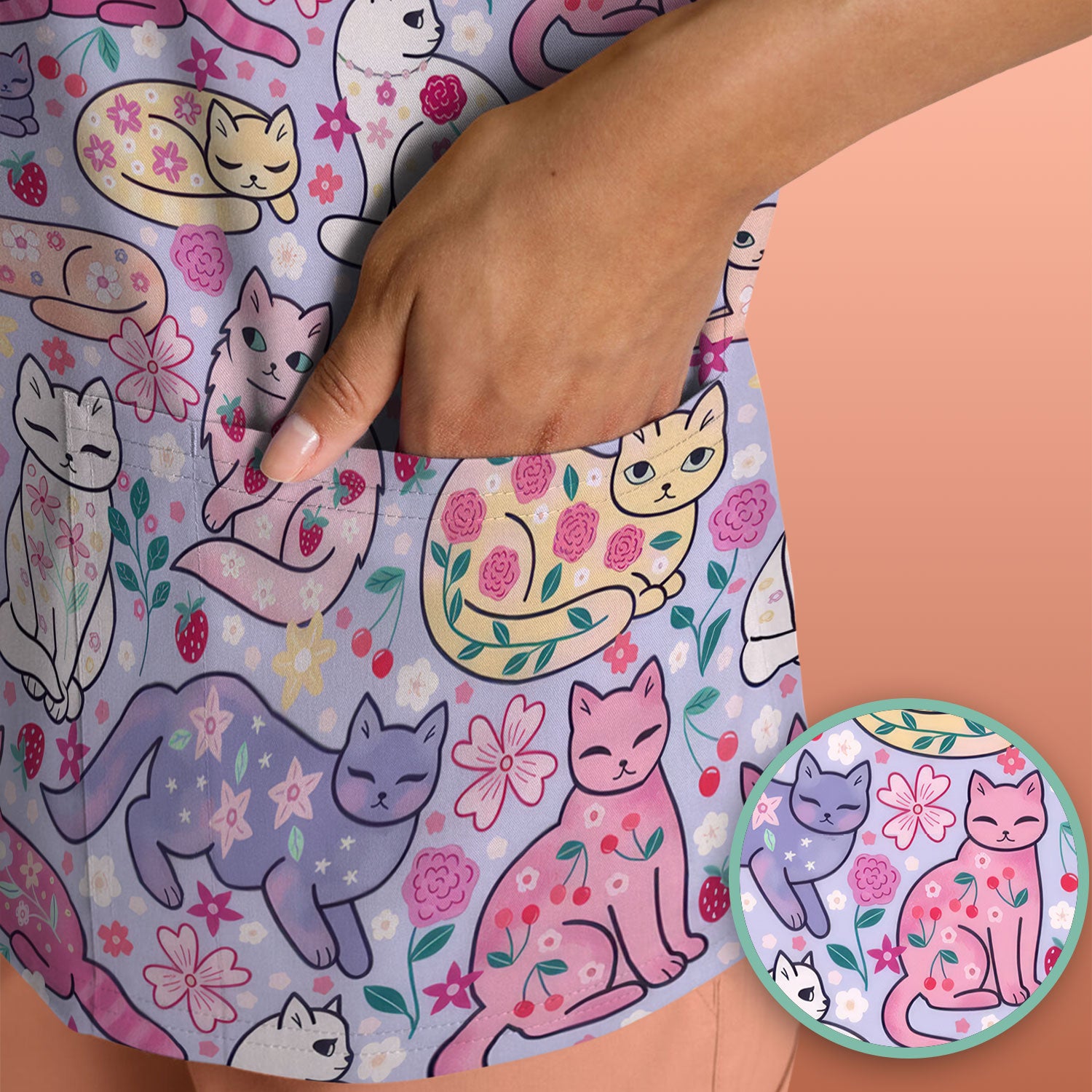 Funny Colorful Pastel Cats Floral Strawberry Print Scrub Top, Breathable Fabrics Nursing Uniform