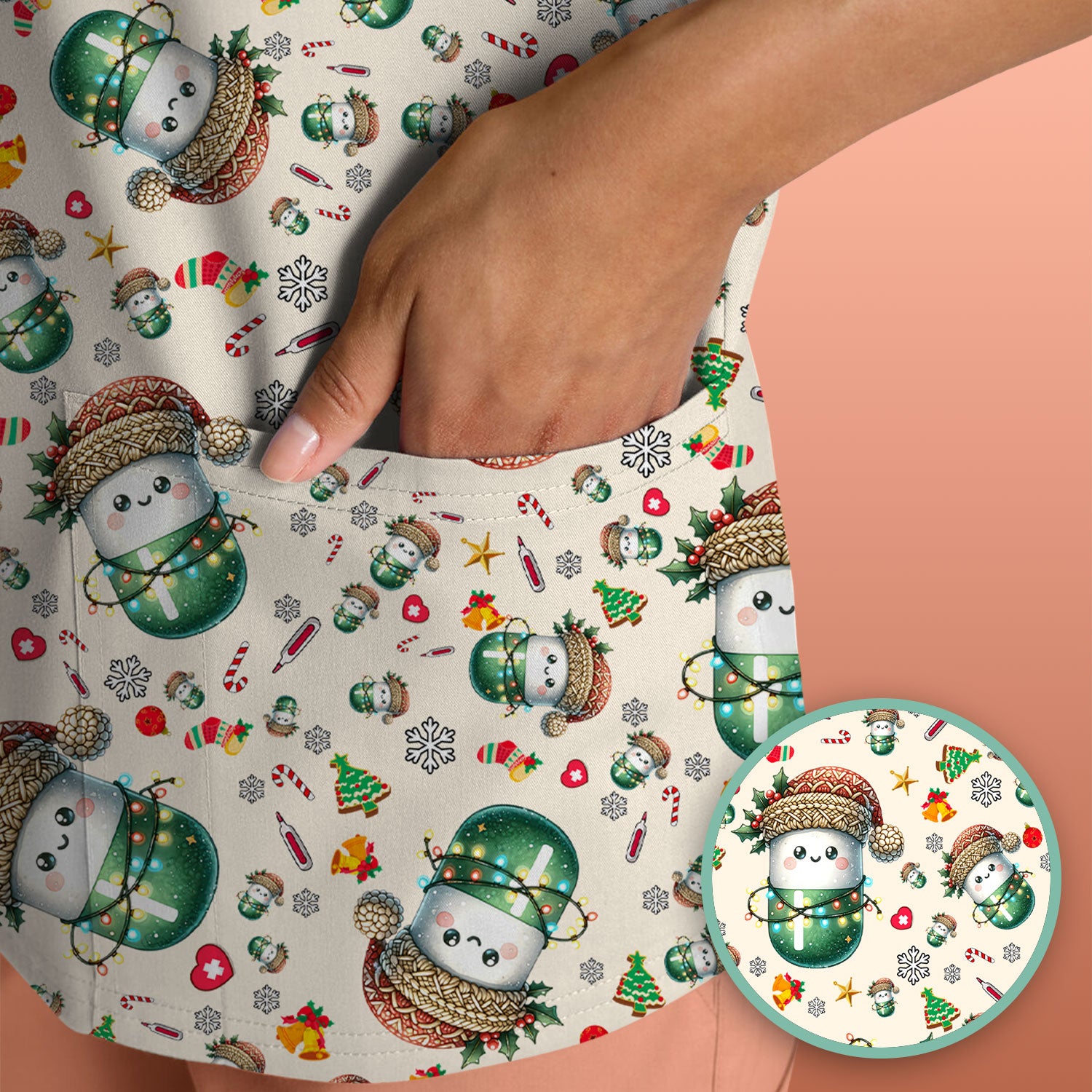 Pharmacy Tech Christmas Scrub Top – Cute Green Snowman Print Nurse Outfit – Funny Holiday Medical Uniform for Pharmacists