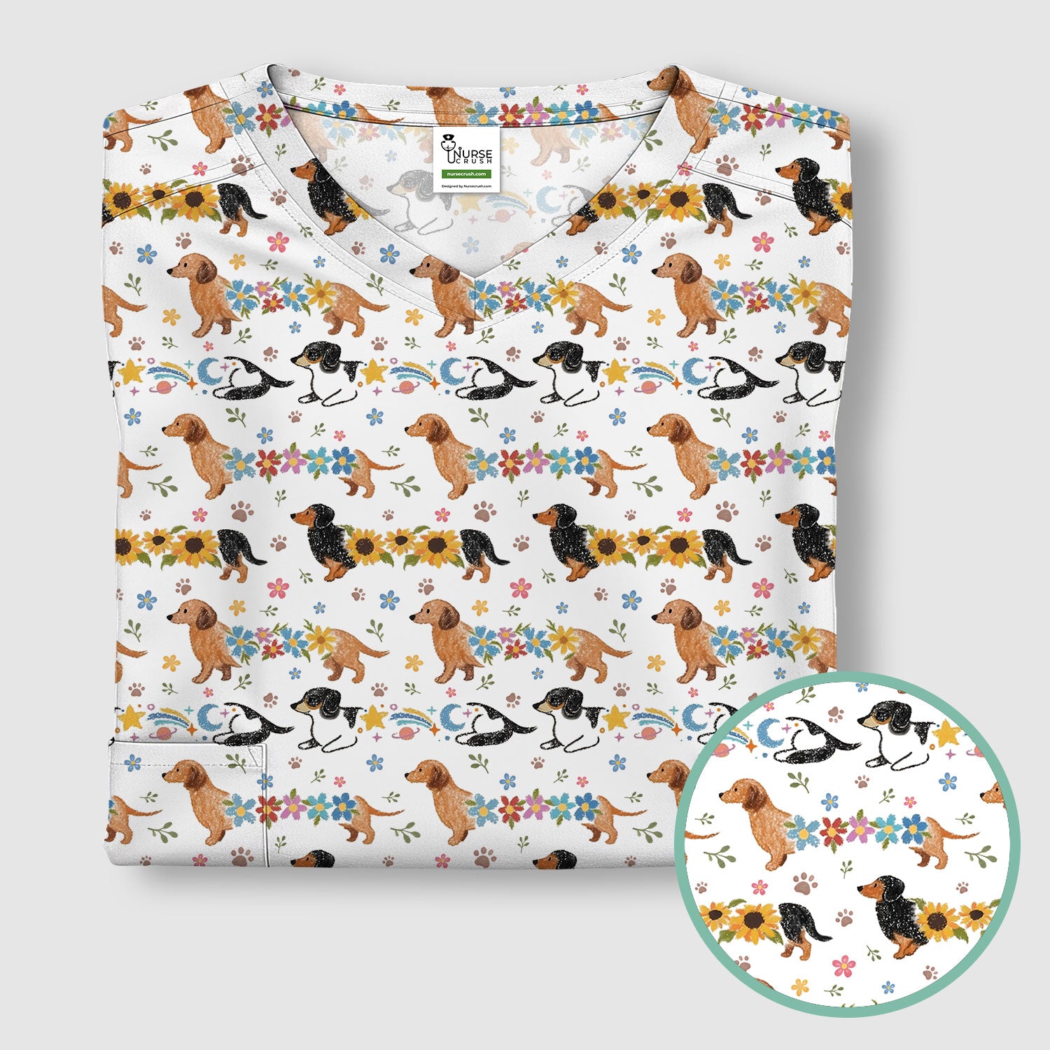 Floral Wiener Dog Pattern Scrub Top, Medical Scrubs for Nurses