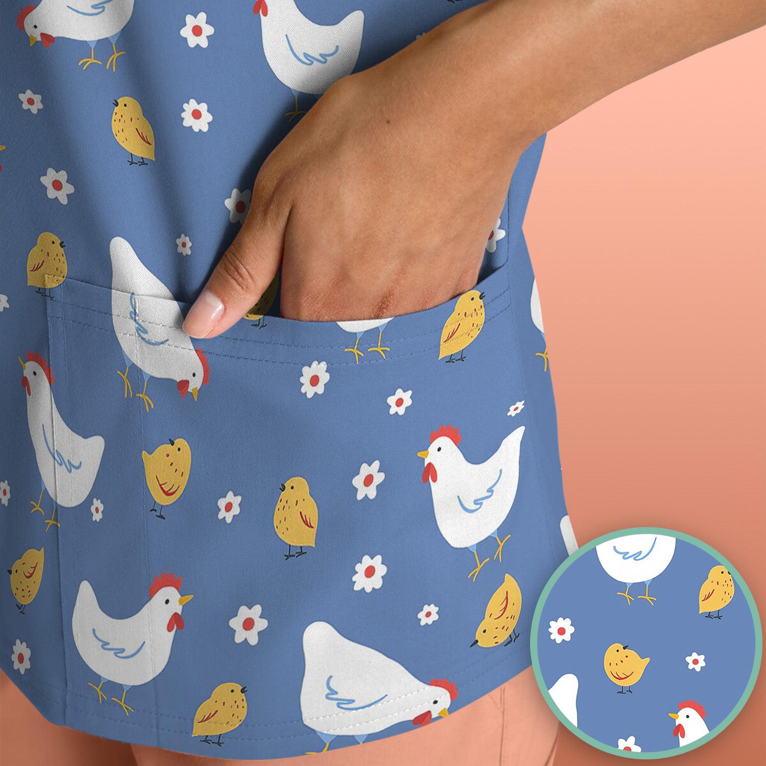 Chicken And Cute Chicks Pattern Scrubs Top, Comfortable Scrubs for Nurses