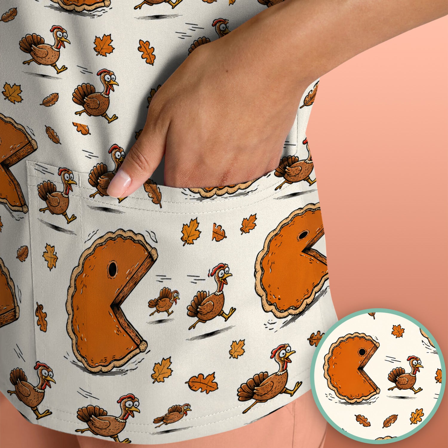 Thanksgiving Pie Chasing Turkey Scrub Top, Comfortable Scrubs for Nurses