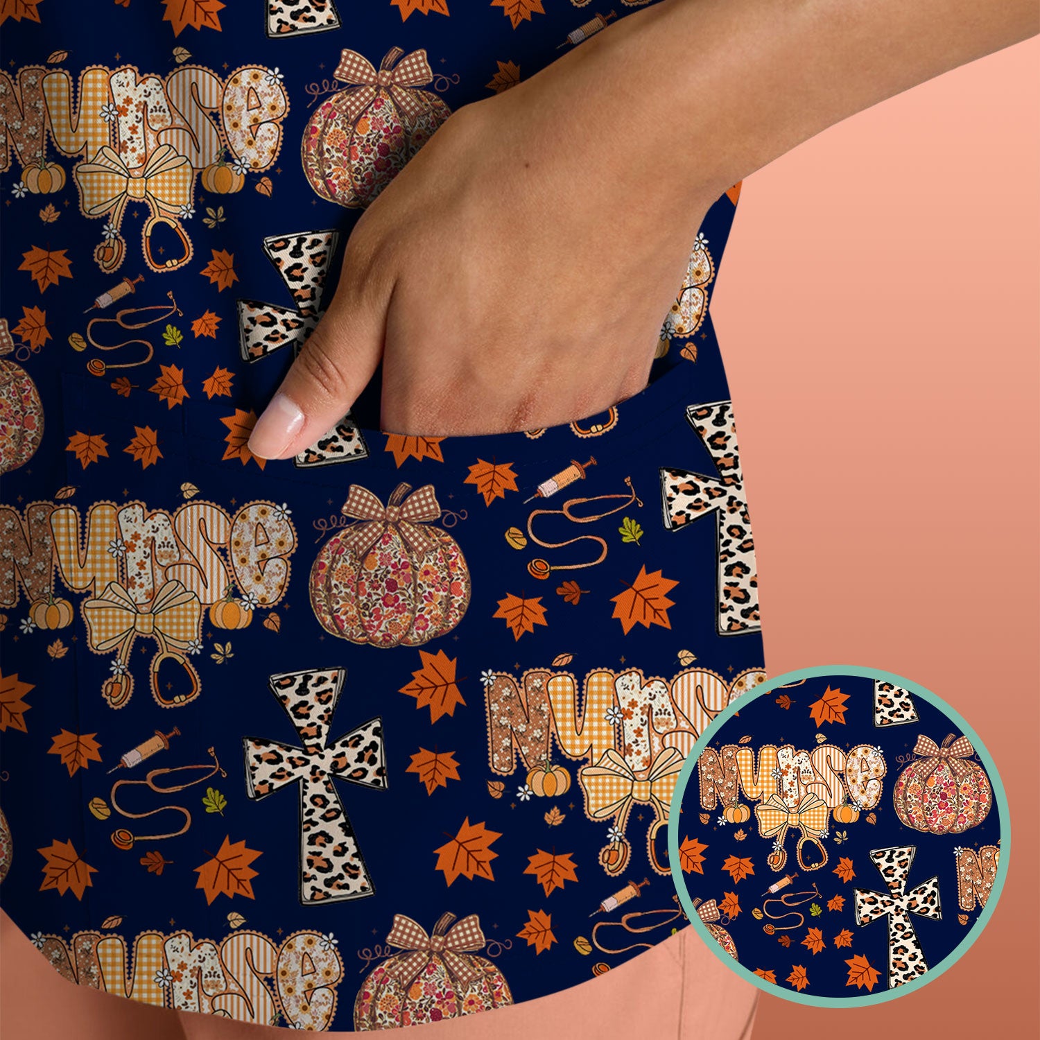 Floral Pumpkin Scrub Top for Women - Coquette Bow Thanksgiving Shirt - Comfortable Medical Uniform