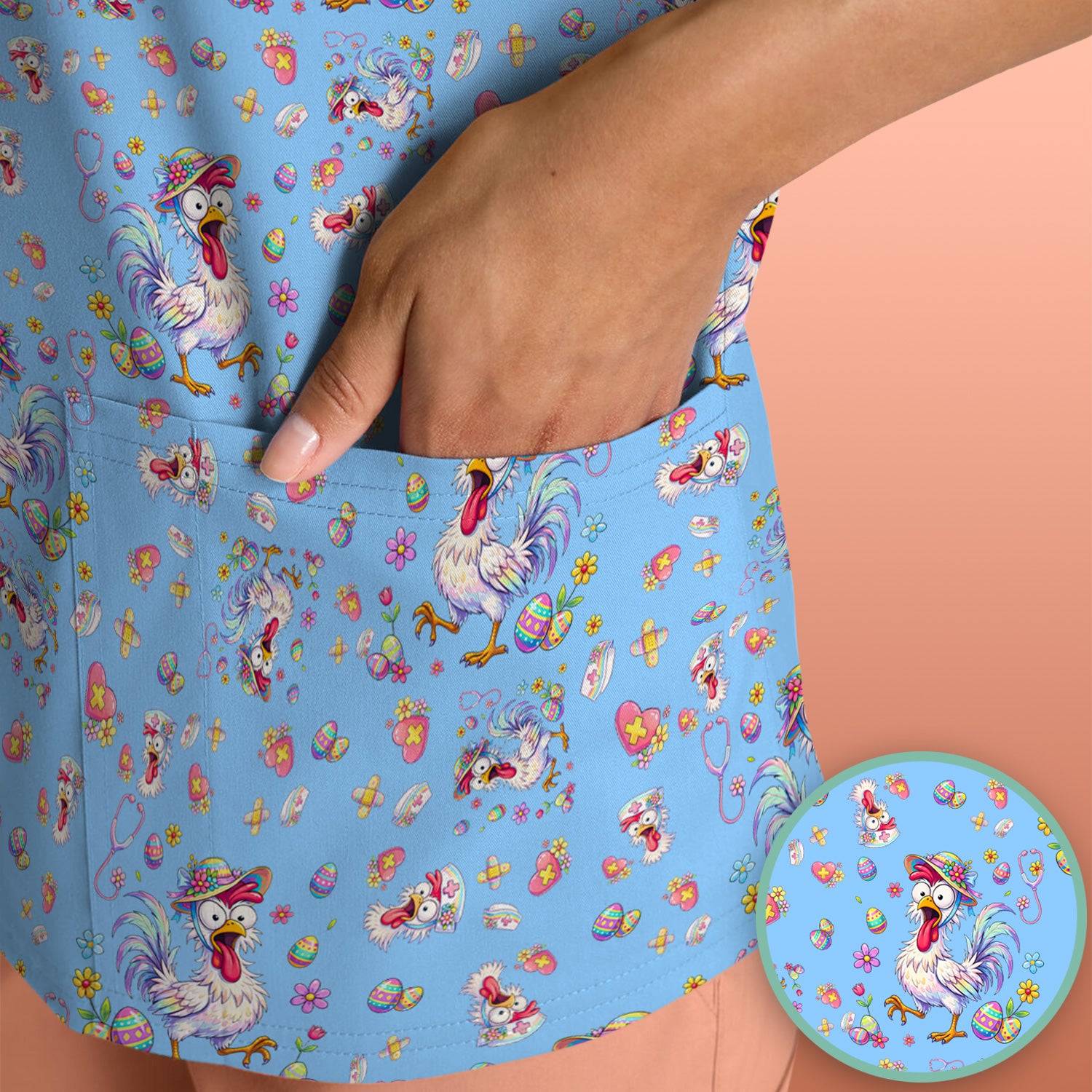 Funny Easter Nurse Chicken Pattern Scrub Top, Comfortable Scrubs for Nurses