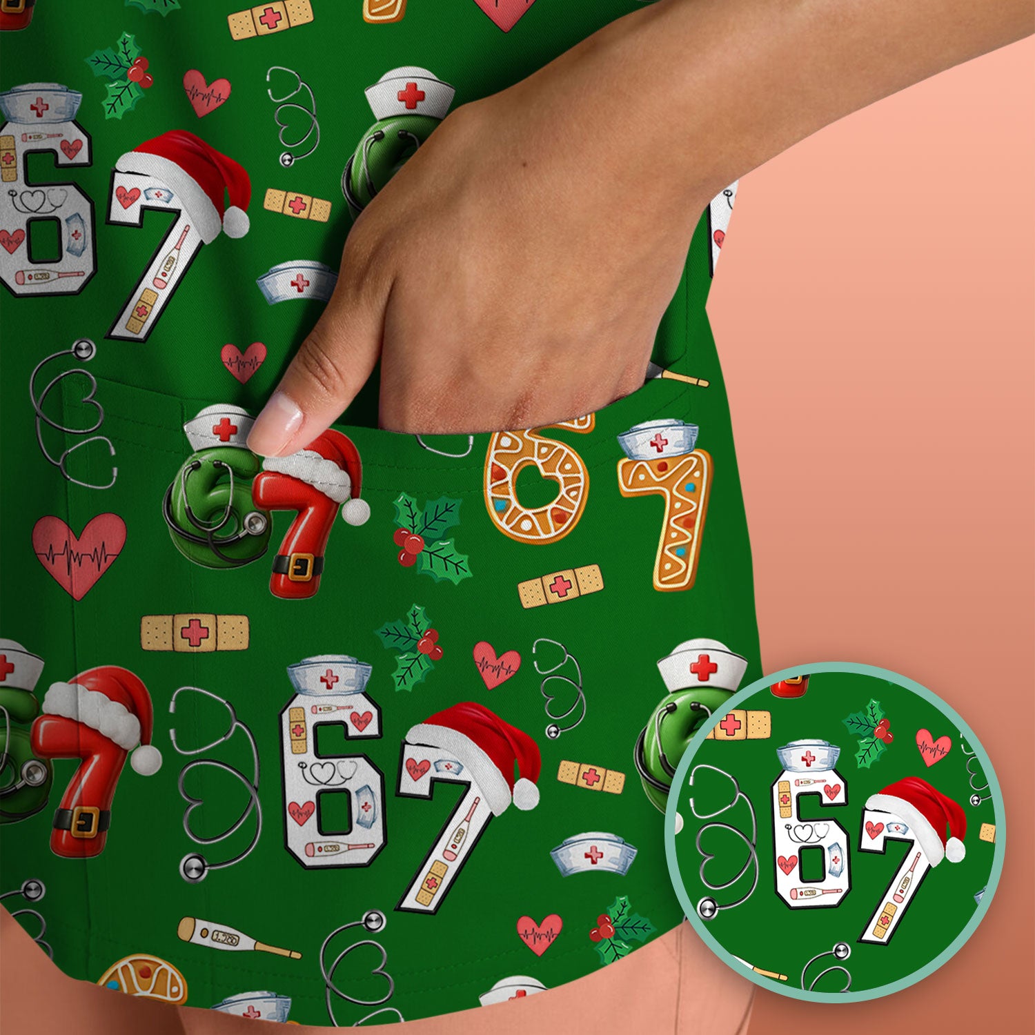 Christmas Nurse 67 Pattern Scrub Top, Cute Holiday Medical Shirt With Santa Hat, Uniform For Nursing