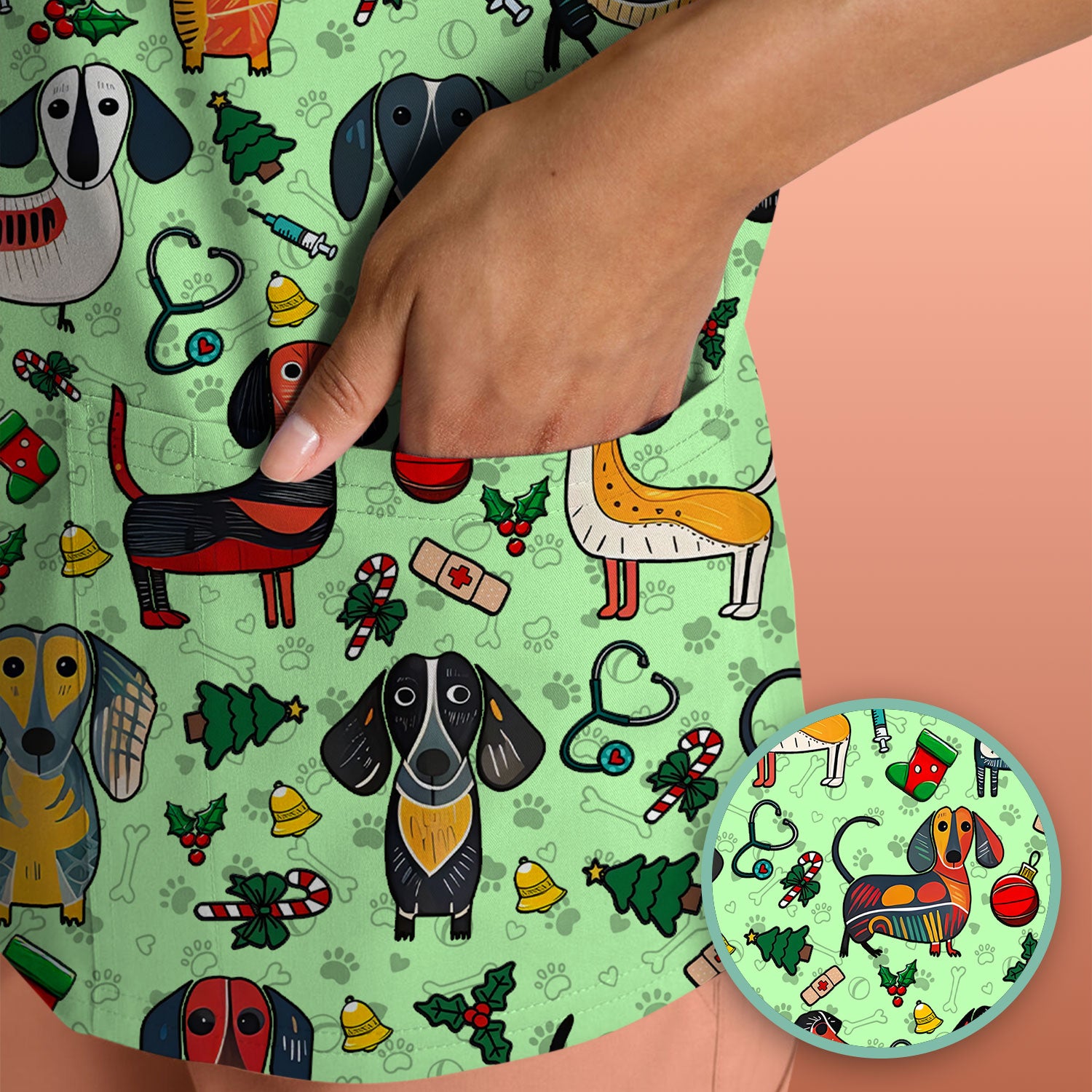 Dachshund Christmas Scrub Top - Cute Wiener Dog Nurse Uniform for Women - Holiday Medical Shirt