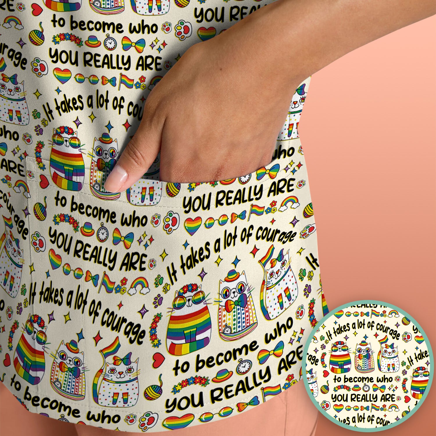 Inspirational Nurse Rainbow Cat Courage Quote Pattern Scrub Top, Breathable Fabrics Nursing Uniform