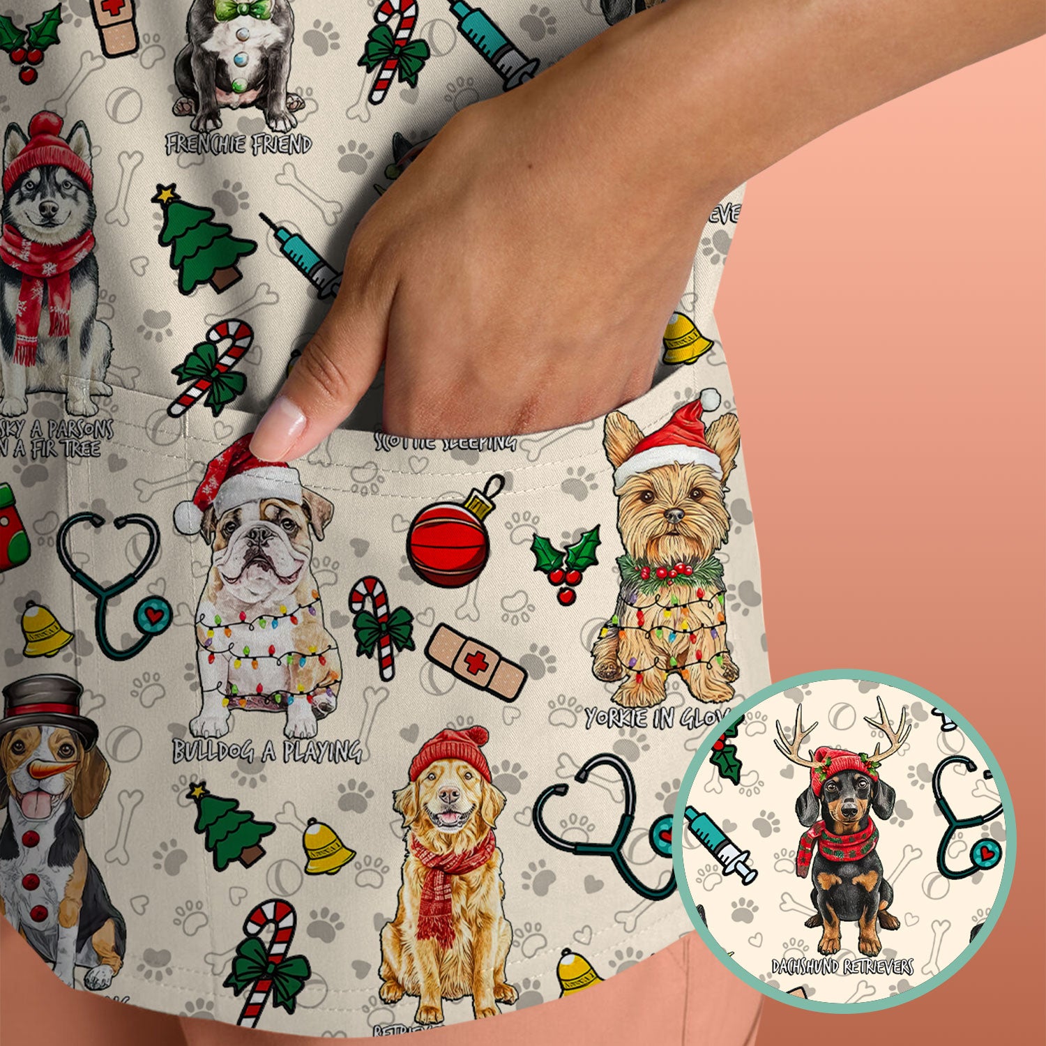 Christmas Dog Scrubs for Nurses – Dachshund, Husky, Poodle, Corgi & Labrador Holiday Scrub Top – Funny Santa Pattern Medical Shirt