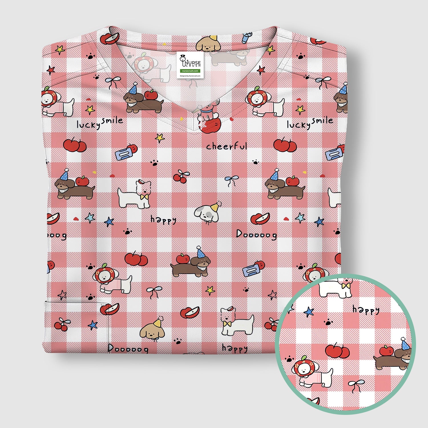 Cute Nurse Cartoon Puppy Apple Gingham Scrub Top, Breathable Fabrics Nursing Uniform