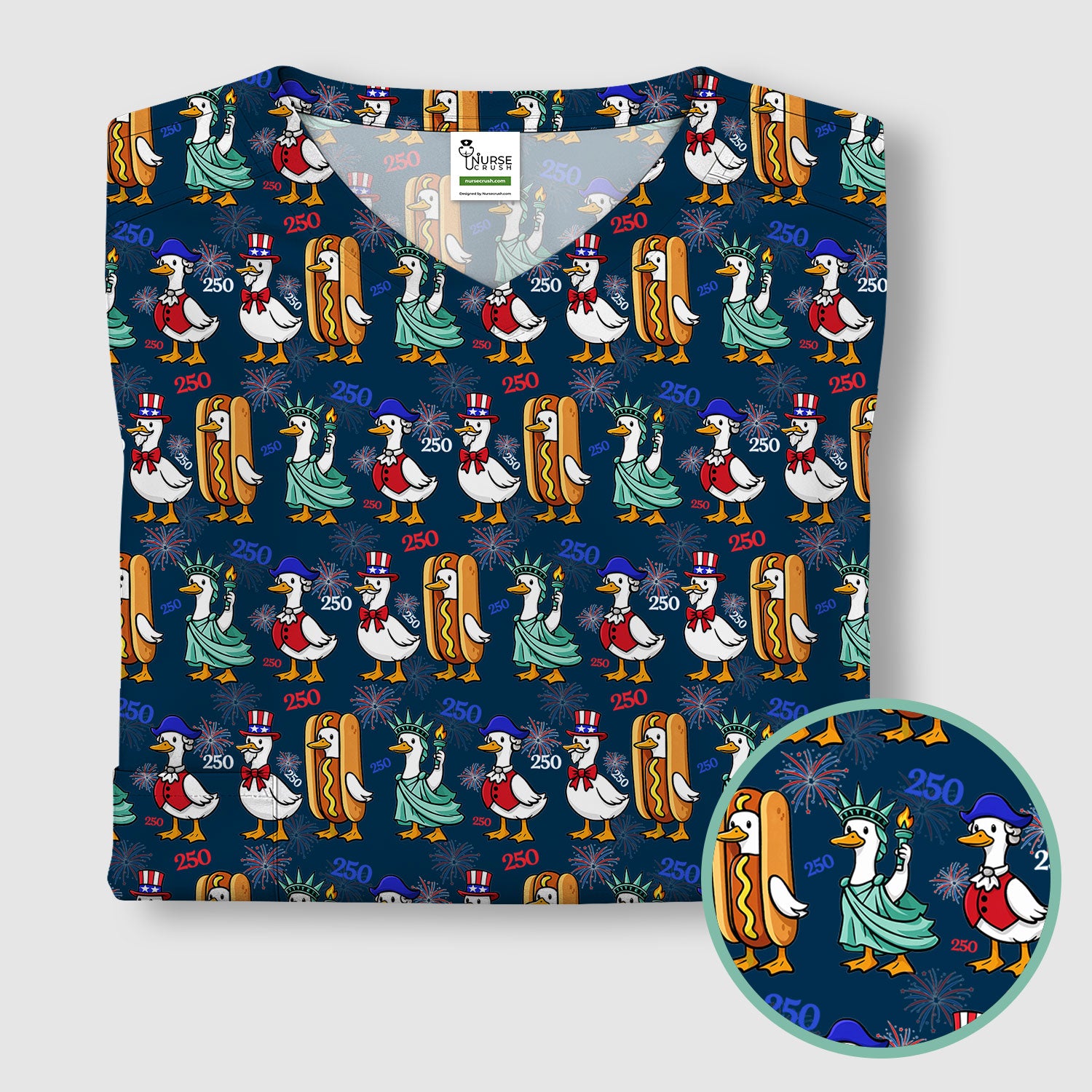 Patriotic Duck Independence Day Pattern Scrub Top, Breathable Healthcare Uniform Top