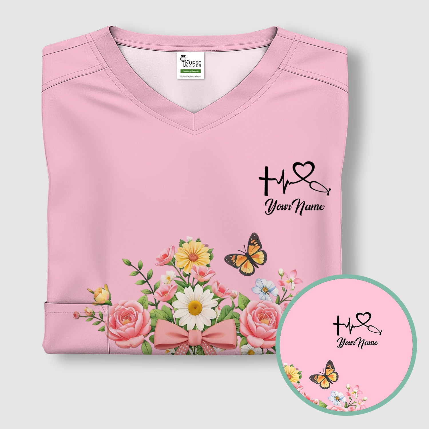 Personalized Meaningful Easter Nurse He Is Risen Floral Cross Bow Pattern Scrub Top, Comfortable Scrubs for Nurses