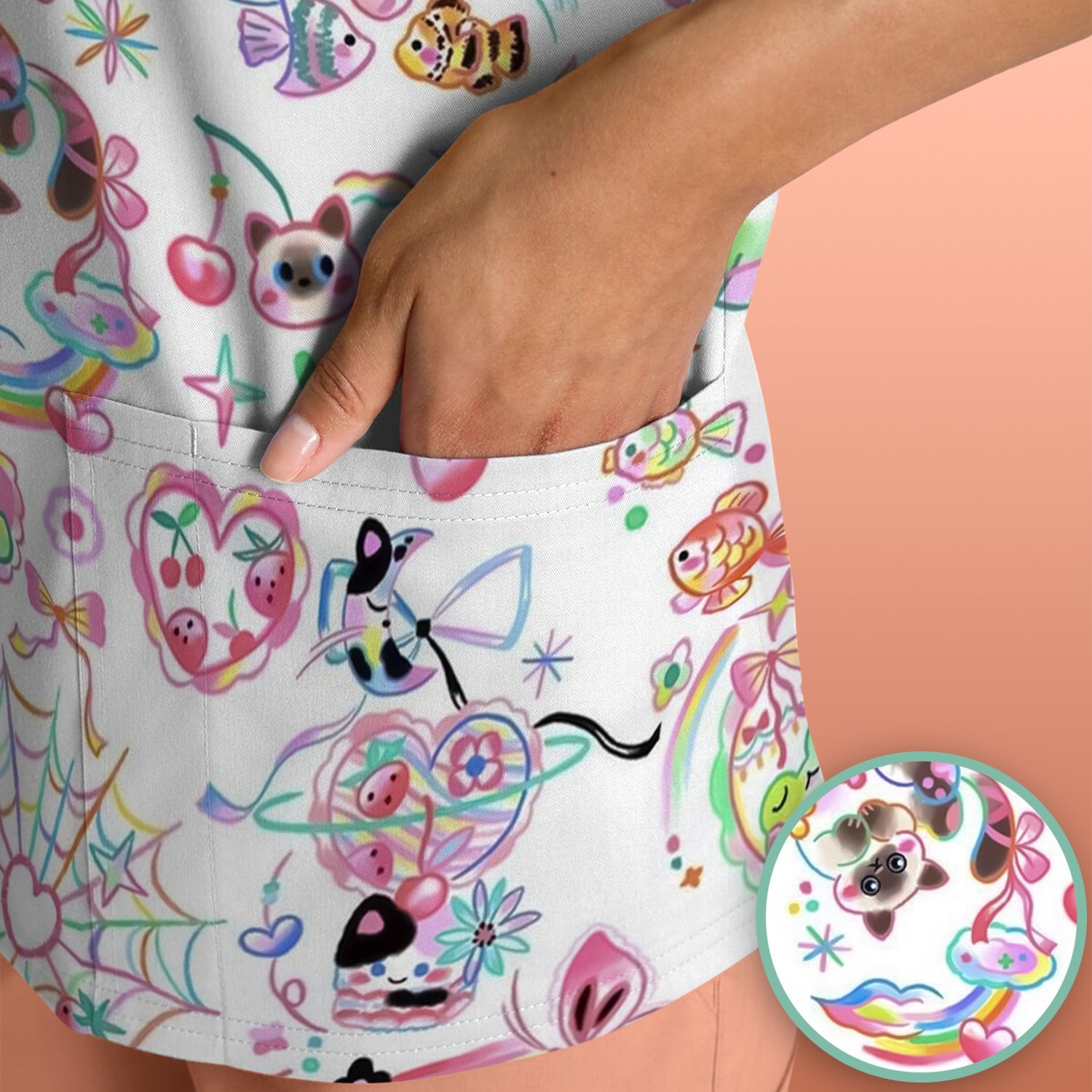Cute Kawaii Animal Rainbow Heart Pattern Scrub Top, Comfortable Scrubs for Nurses